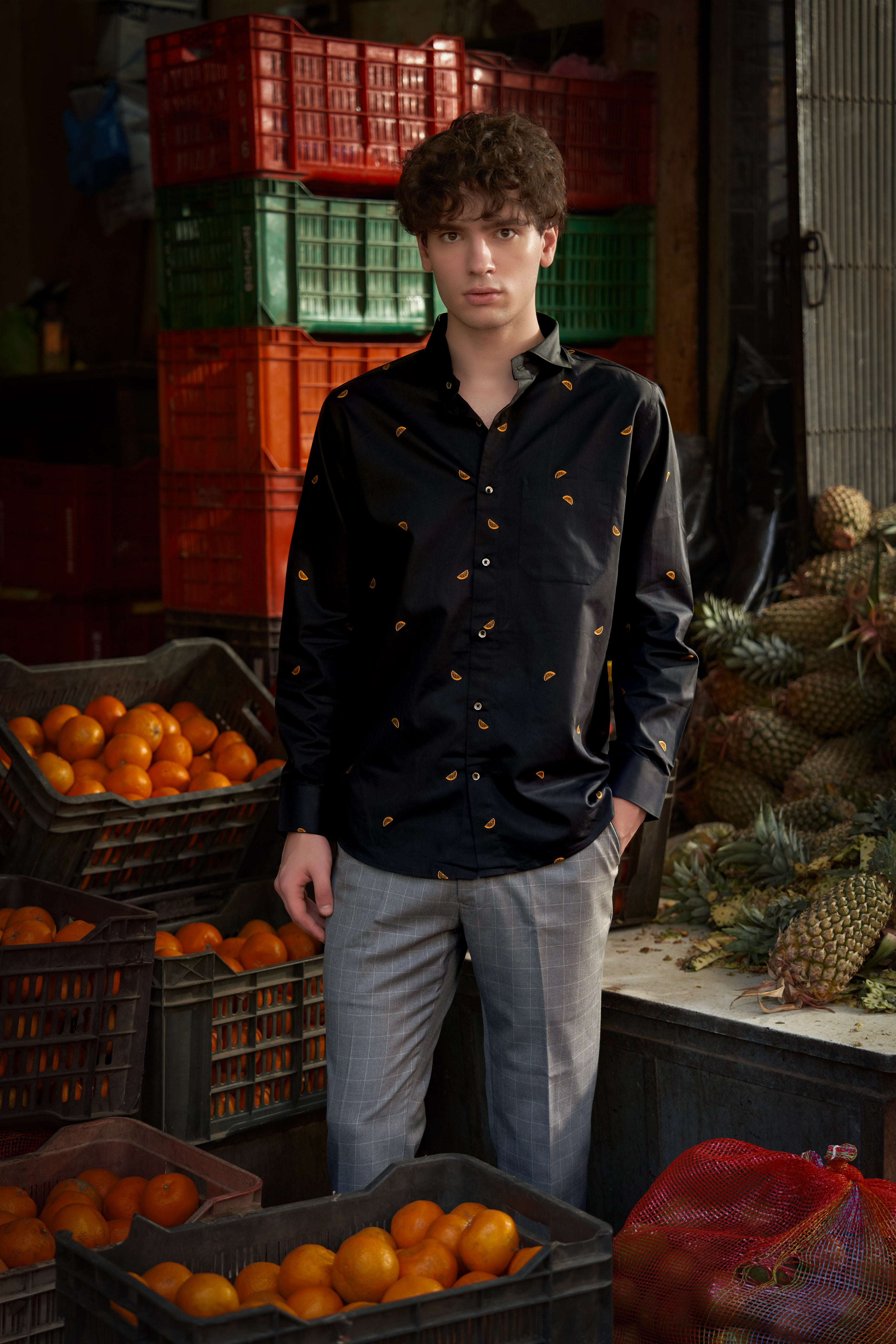 Citrus-Jade Black Orange Printed Jacquard Textured Premium Cotton Dress Shirt