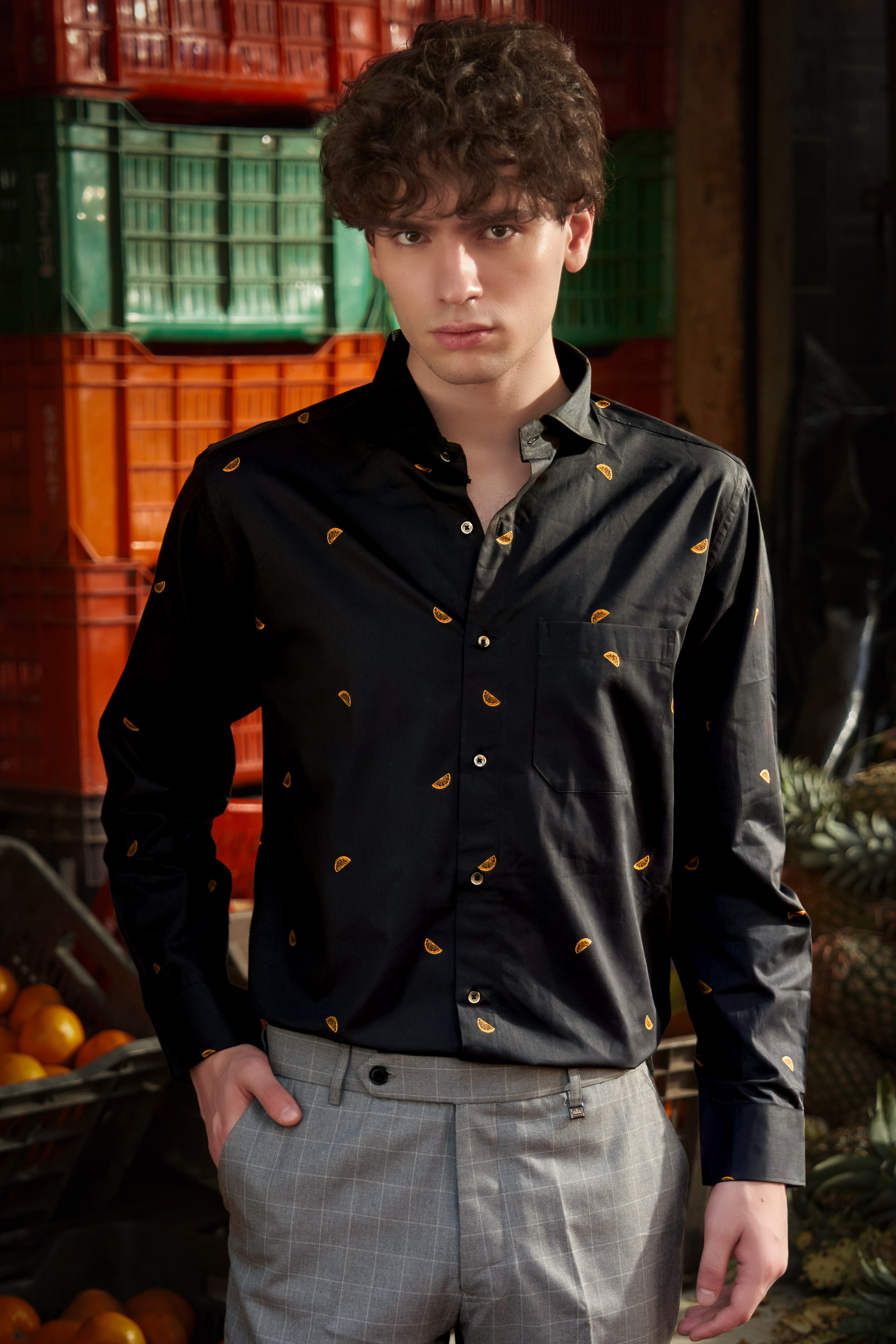 Citrus-Jade Black Orange Printed Jacquard Textured Premium Cotton Dress Shirt