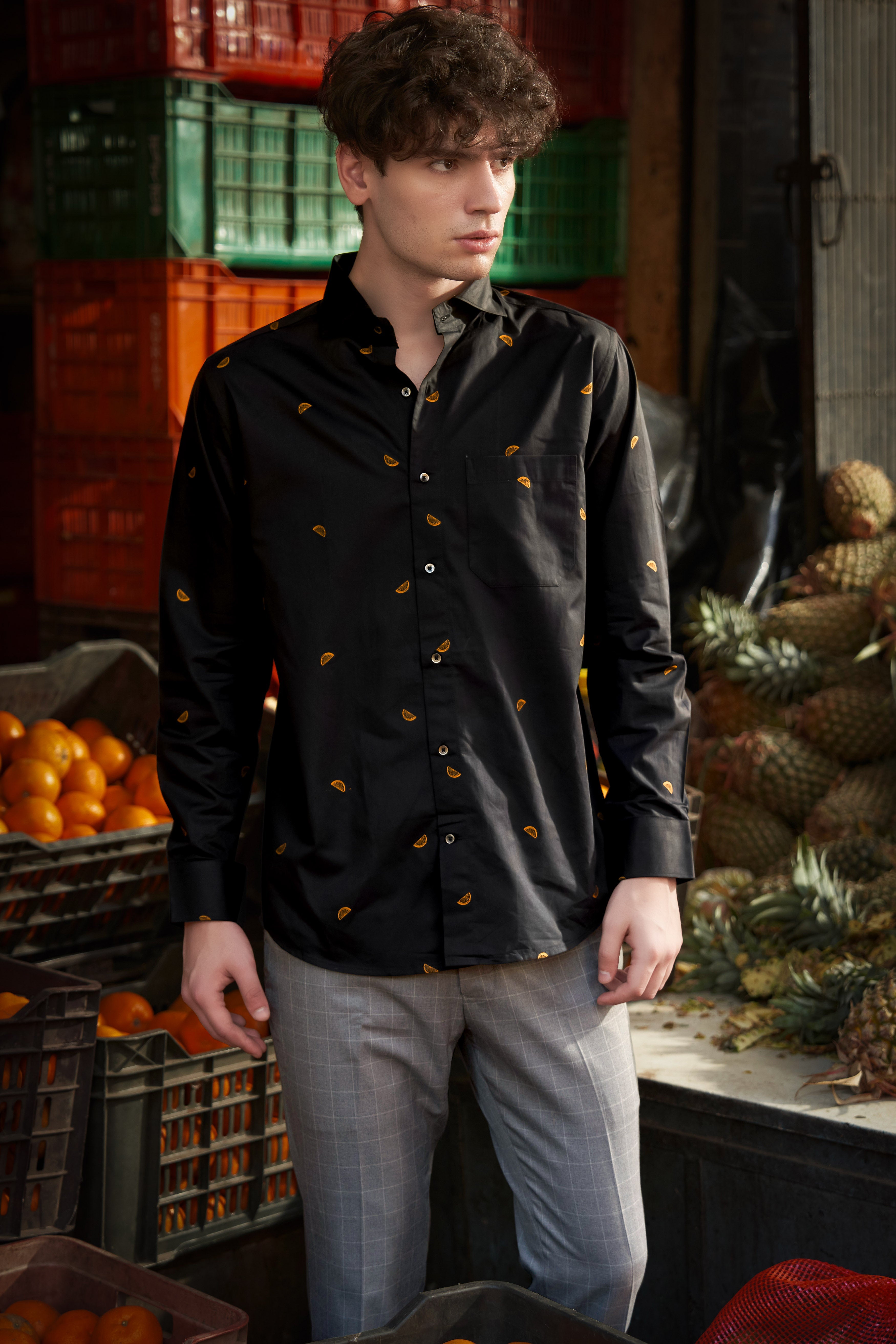 Citrus-Jade Black Orange Printed Jacquard Textured Premium Cotton Dress Shirt