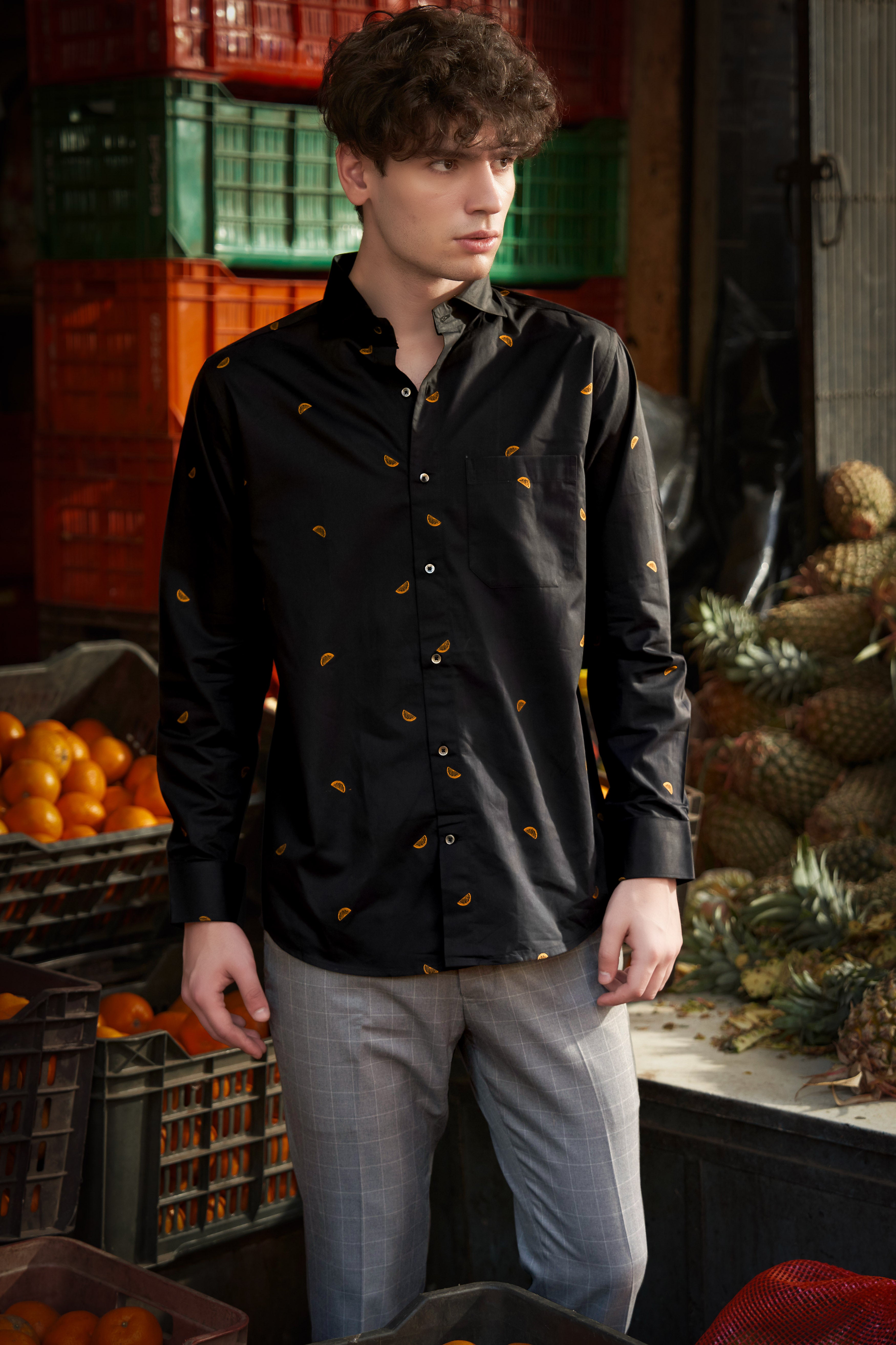 Citrus-Jade Black Orange Formal Prints Premium Cotton Jacquard Shirt For Men