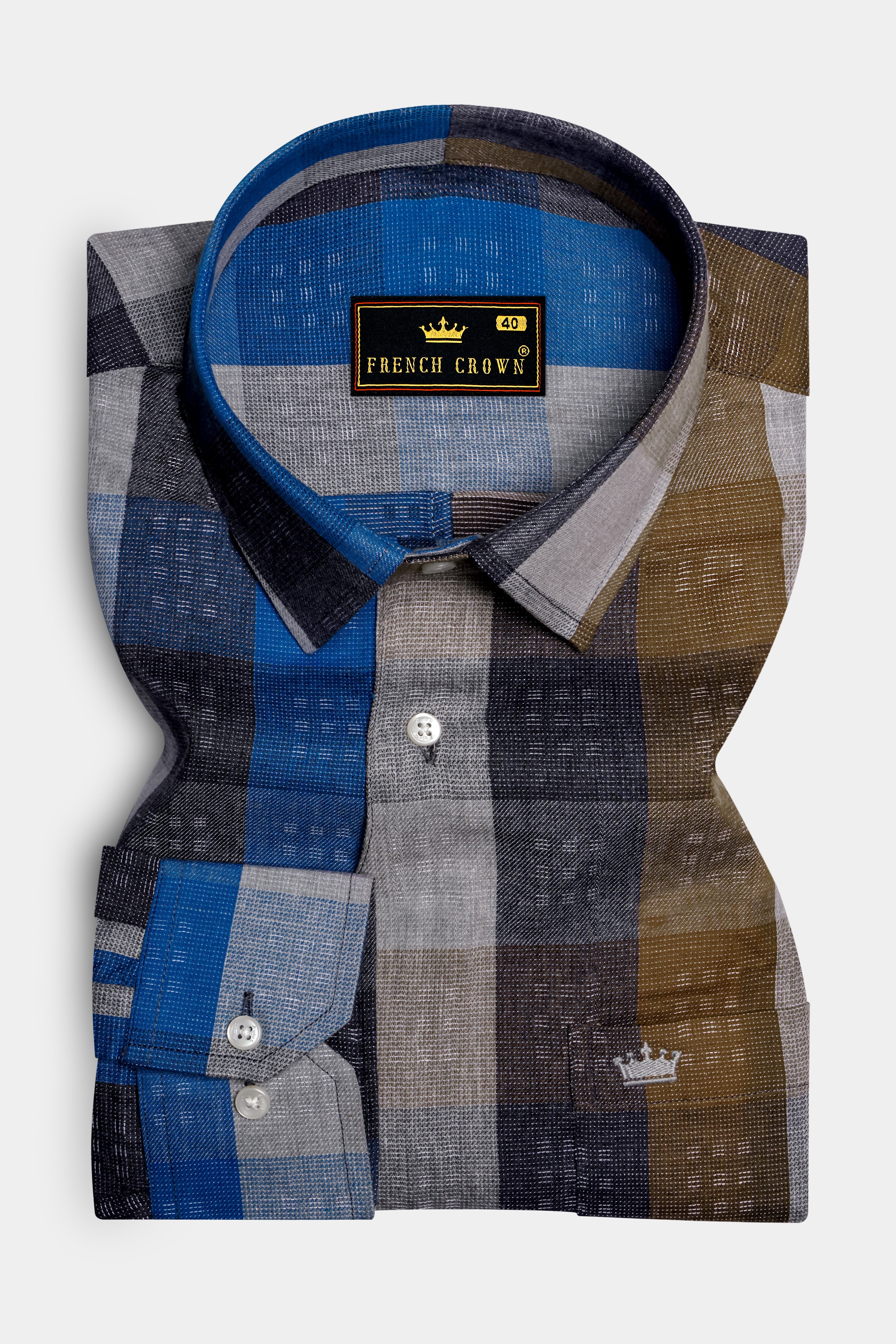 Tidal Fawn-Lapis Blue And Shingle Brown Plaid Dobby Textured Premium Giza Cotton Casual Designer Shirt