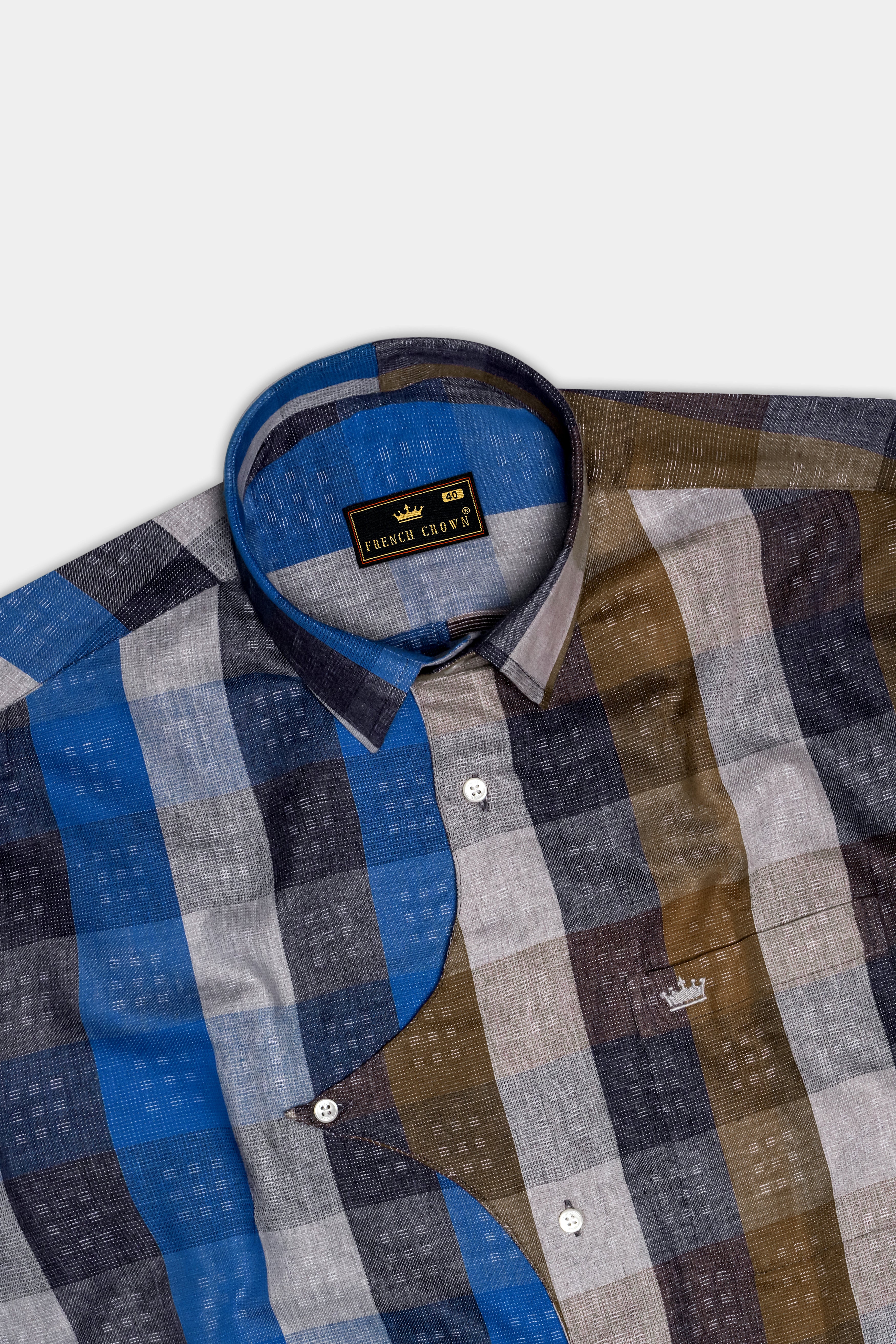 Tidal Fawn-Lapis Blue And Shingle Brown Plaid Dobby Textured Premium Giza Cotton Casual Designer Shirt