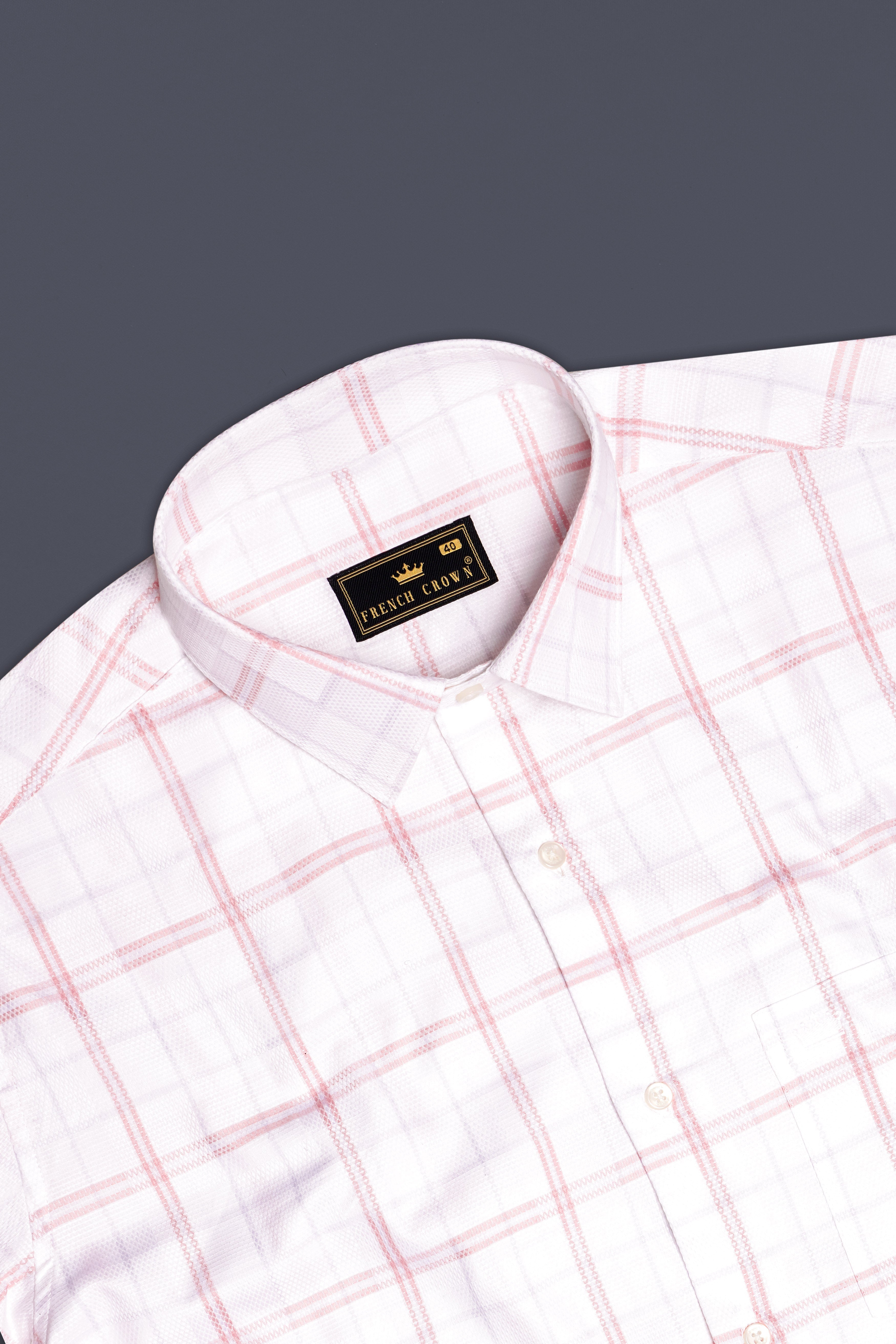 Rose-Azalea Pink And Bright White Plaid Dobby Textured Premium Giza Cotton Dress Shirt