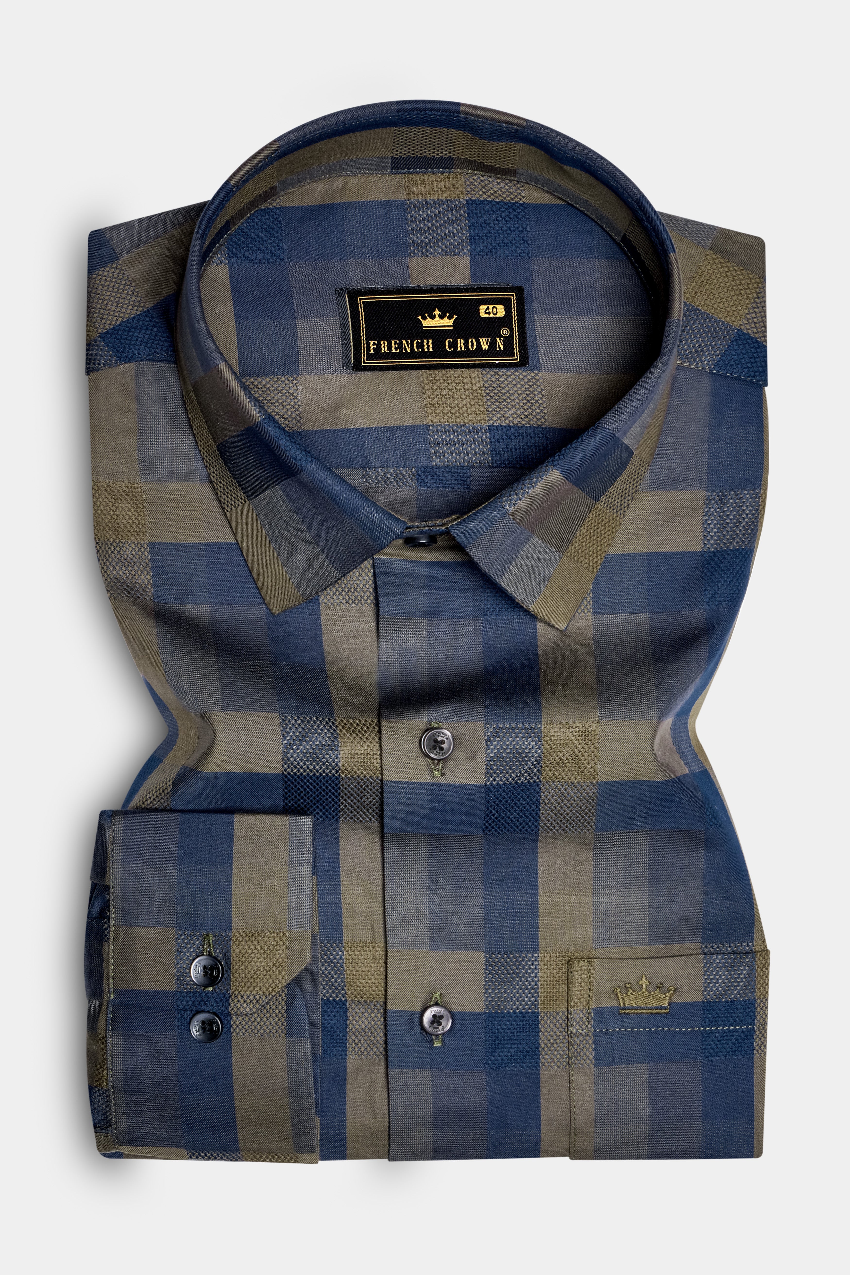 Makara-Downriver Blue And Makara Brown Plaid Jacquard Textured Premium Cotton Dress Shirt