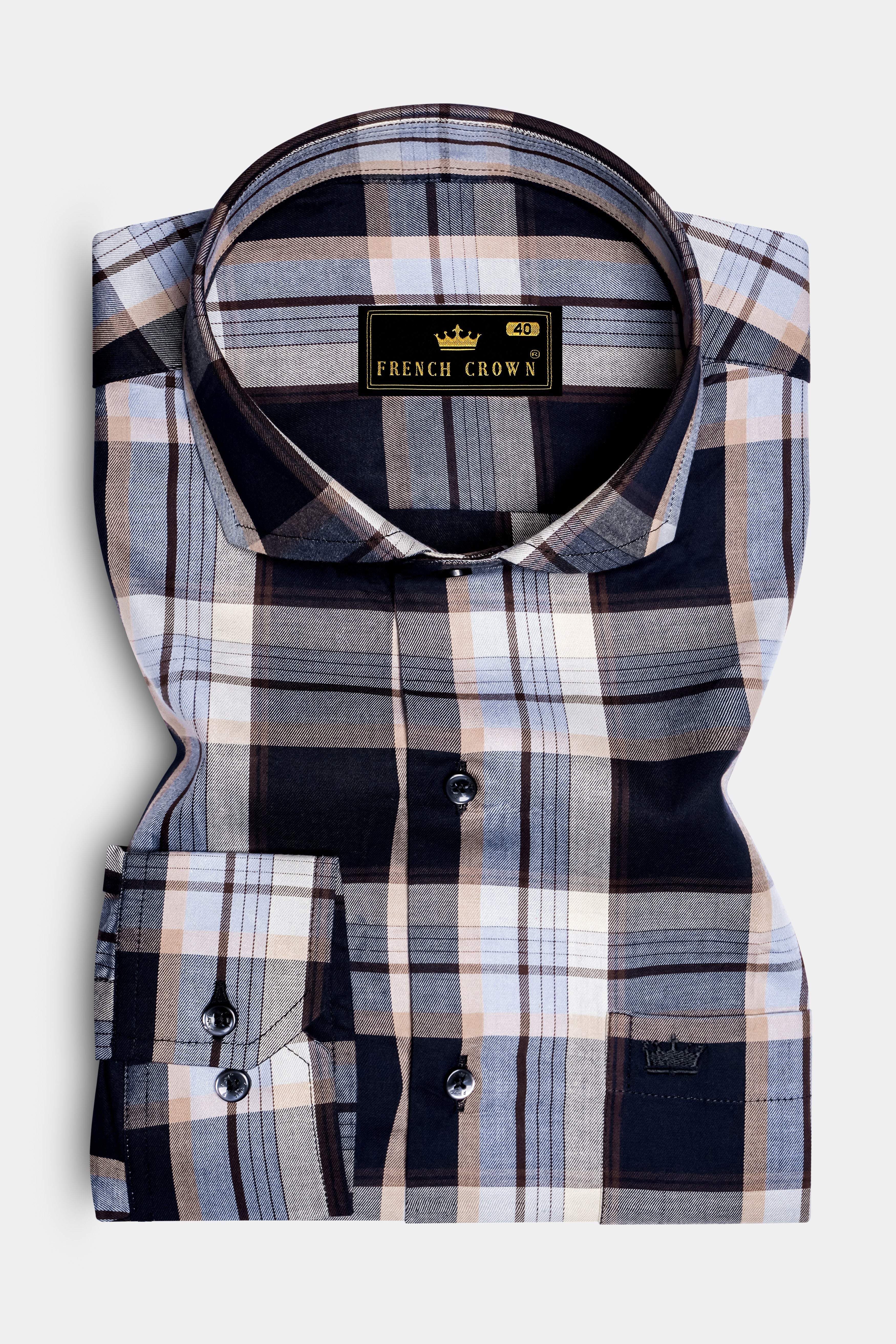 Glacier-Cinder Blue And Cadet Gray Plaid Twill Premium Cotton Semi Formal Shirt