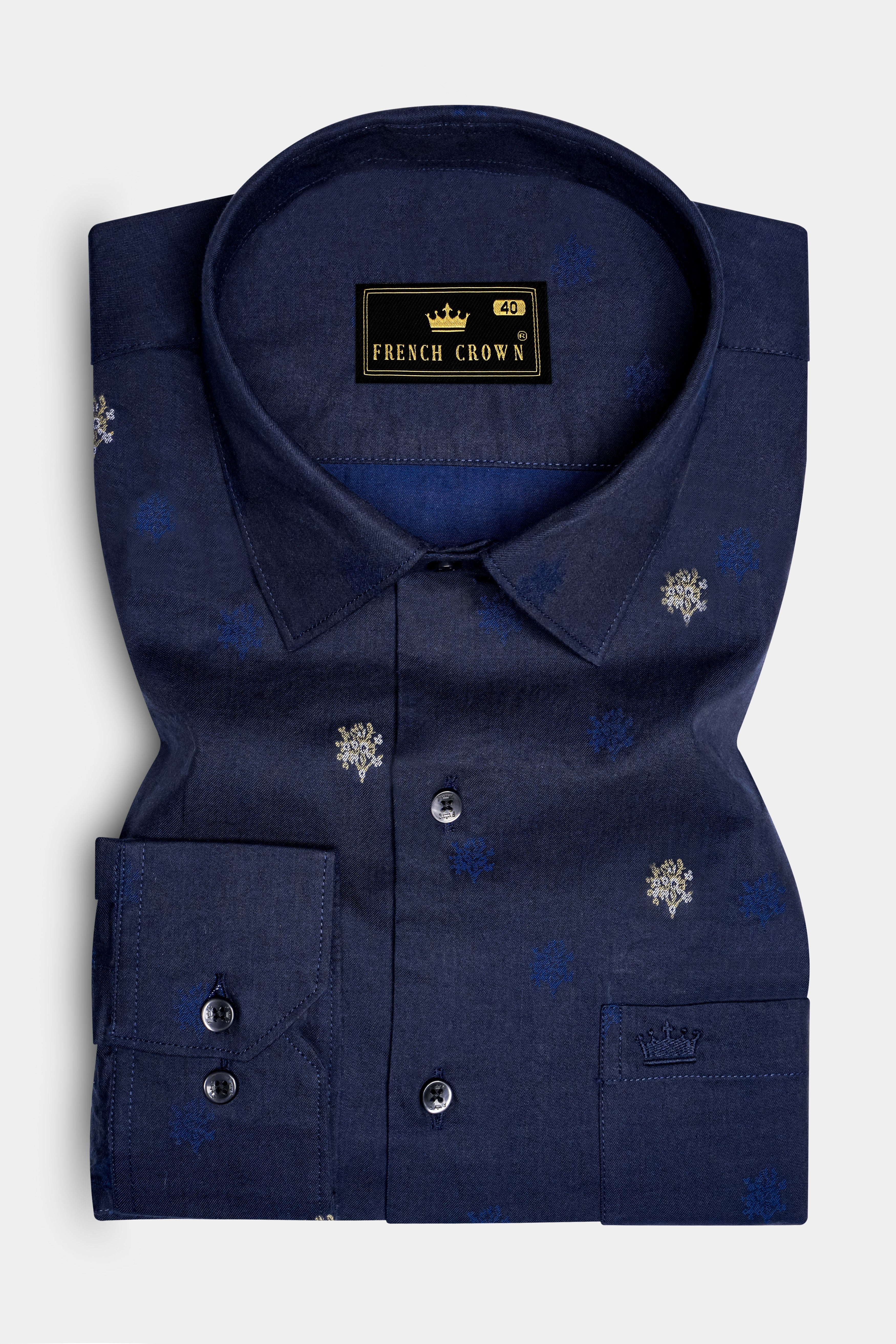 Royale-Vulcan Blue Floral Butta Jacquard Textured Premium Cotton Dress Shirt