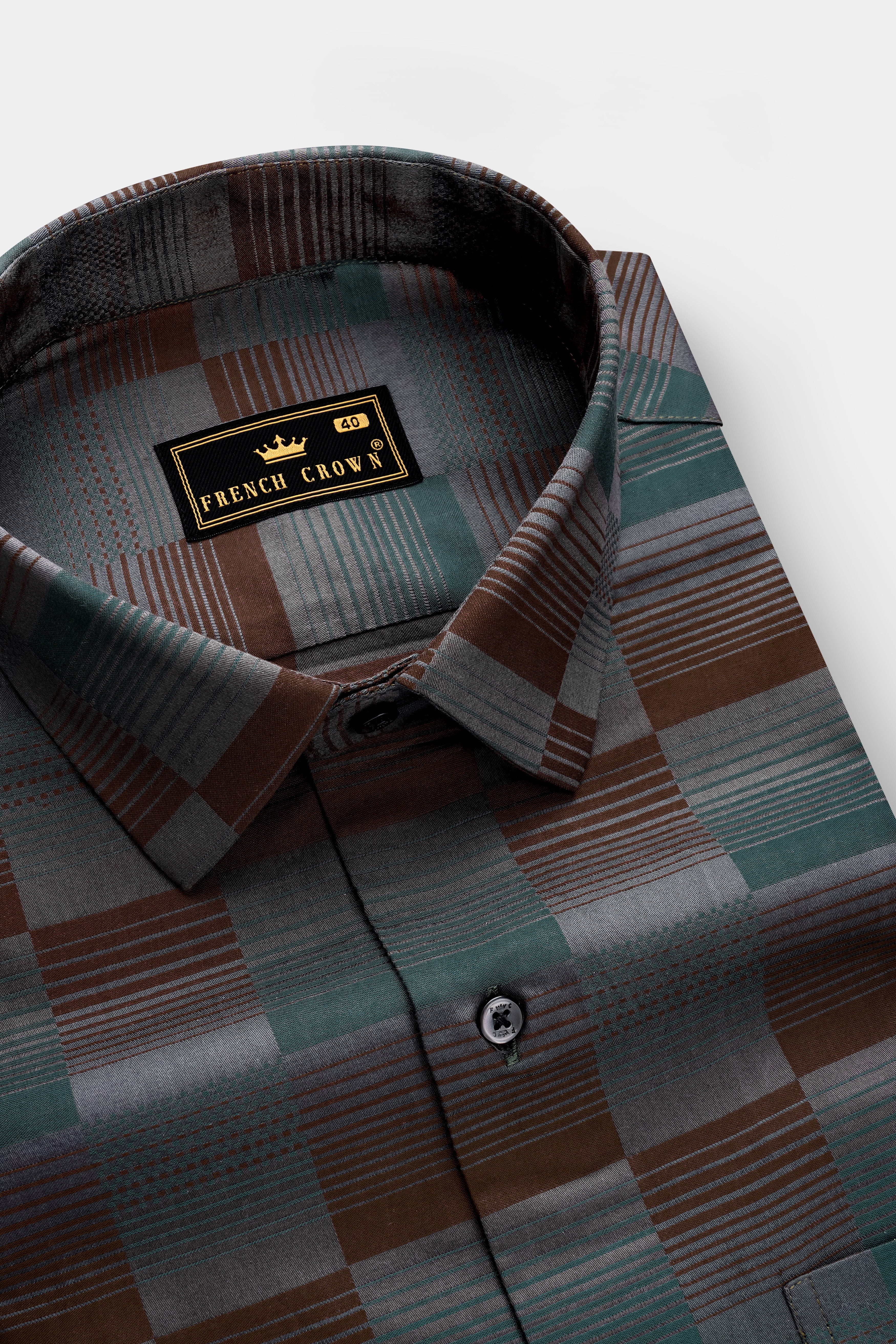 TimberLine-Bistre Brown And Plantation Green Barcode stripes Jacquard Textured Premium Cotton Dress Shirt