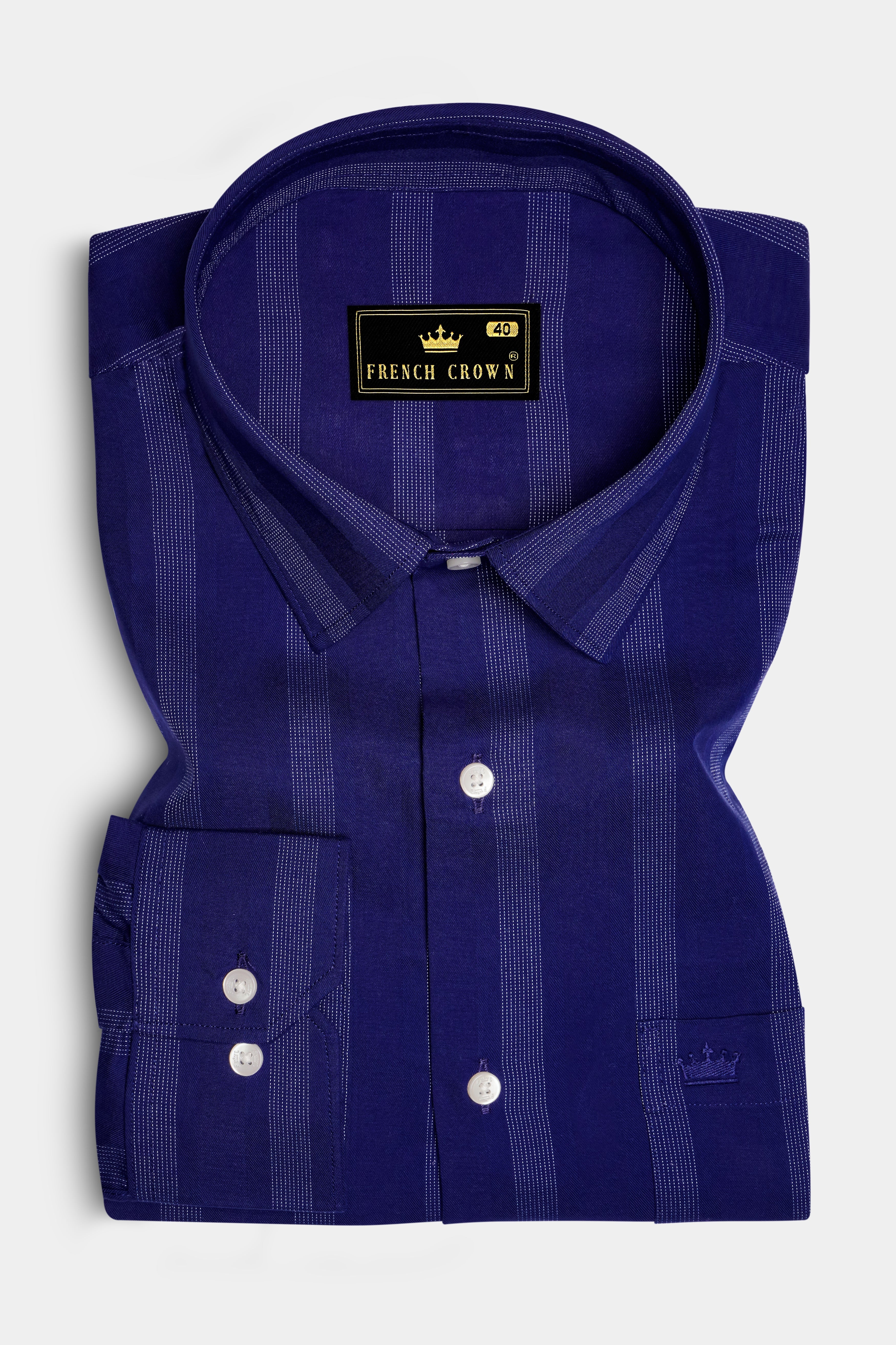 Royal-Indigo Blue Stripes Dobby Textured Premium Giza Cotton Dress Shirt