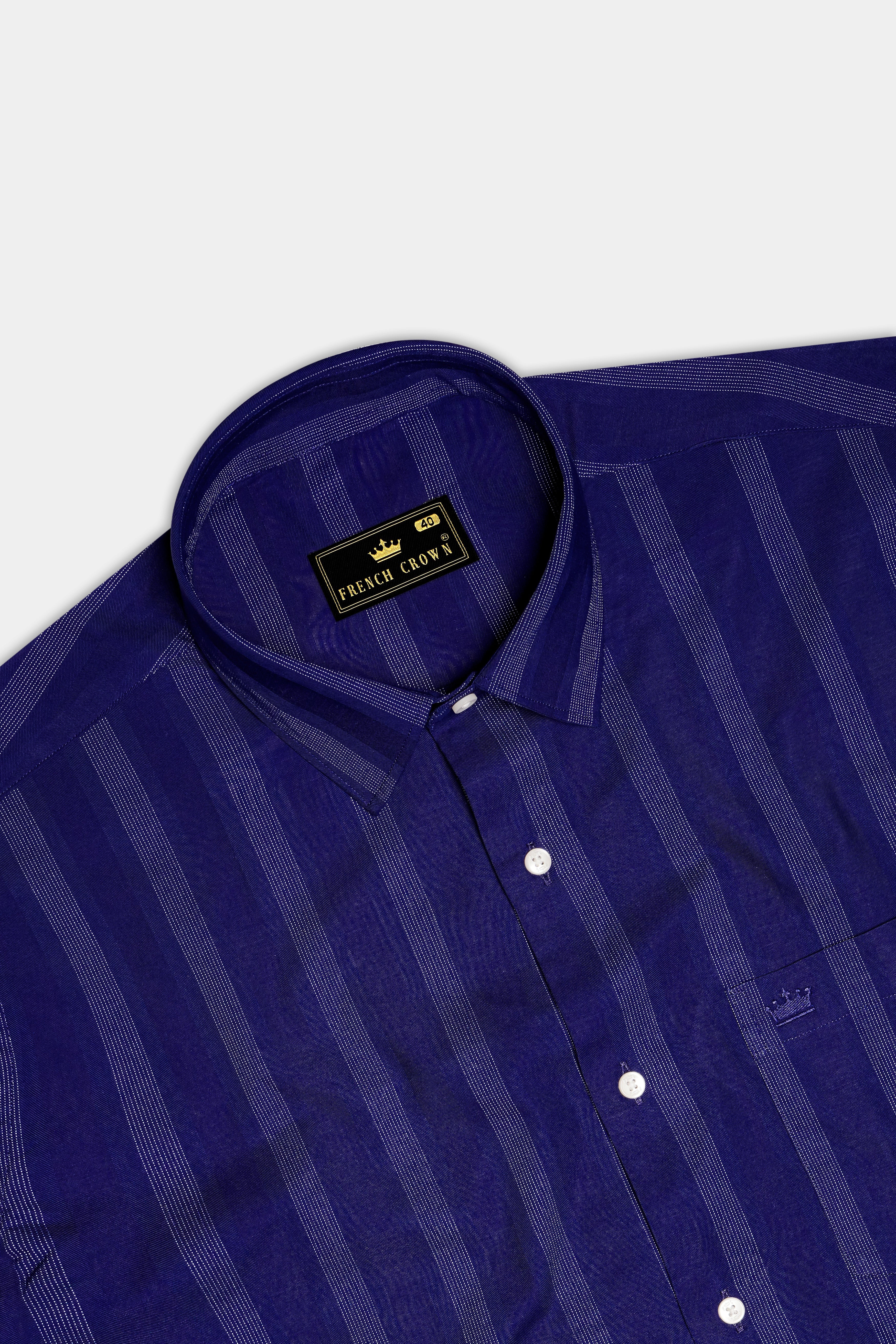 Royal-Indigo Blue Stripes Dobby Textured Premium Giza Cotton Dress Shirt