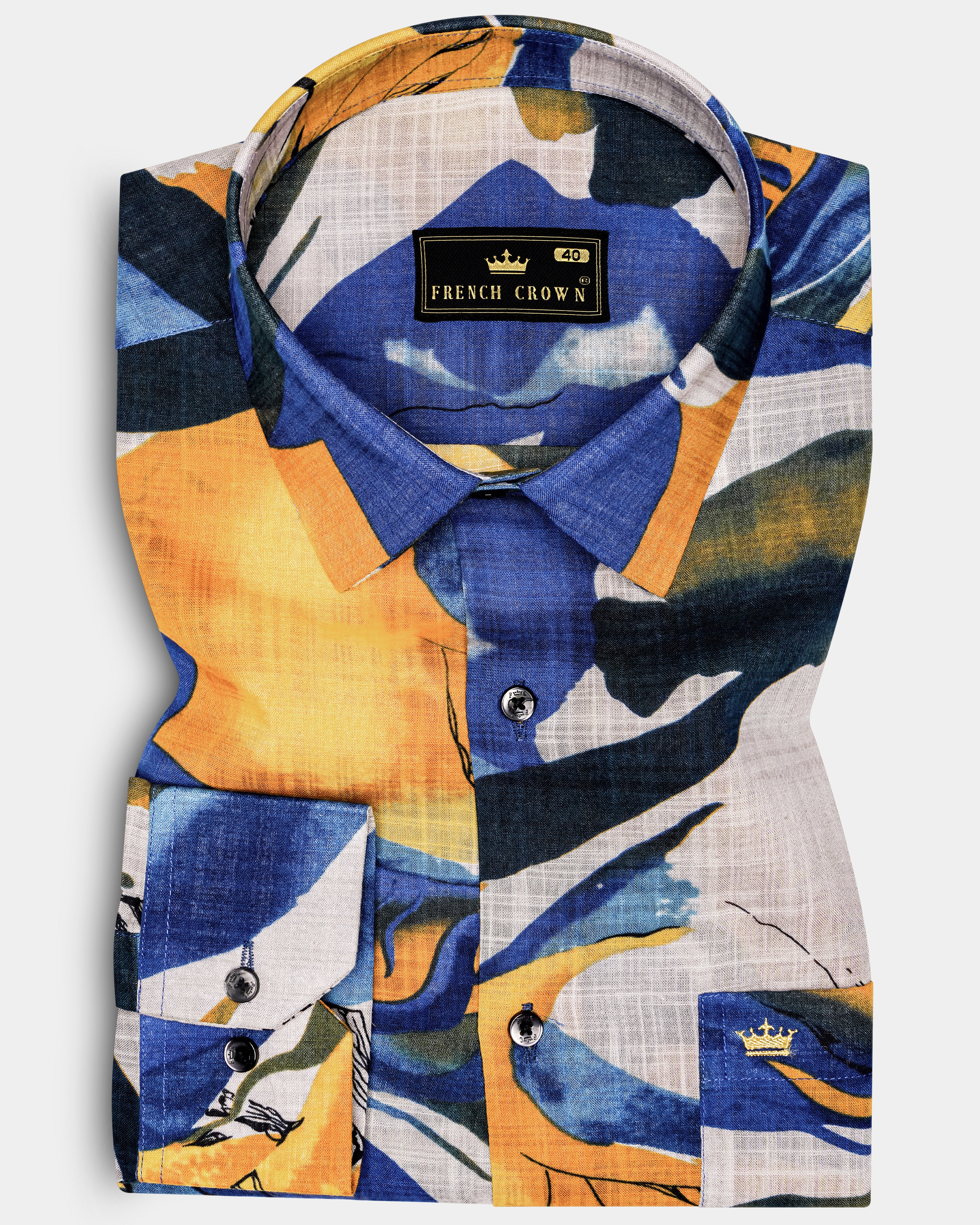 ZestyAzure-Saffron Yellow with Cobalt Blue Funky Printed Lightweight Premium Cotton Multicolor Casual Shirt