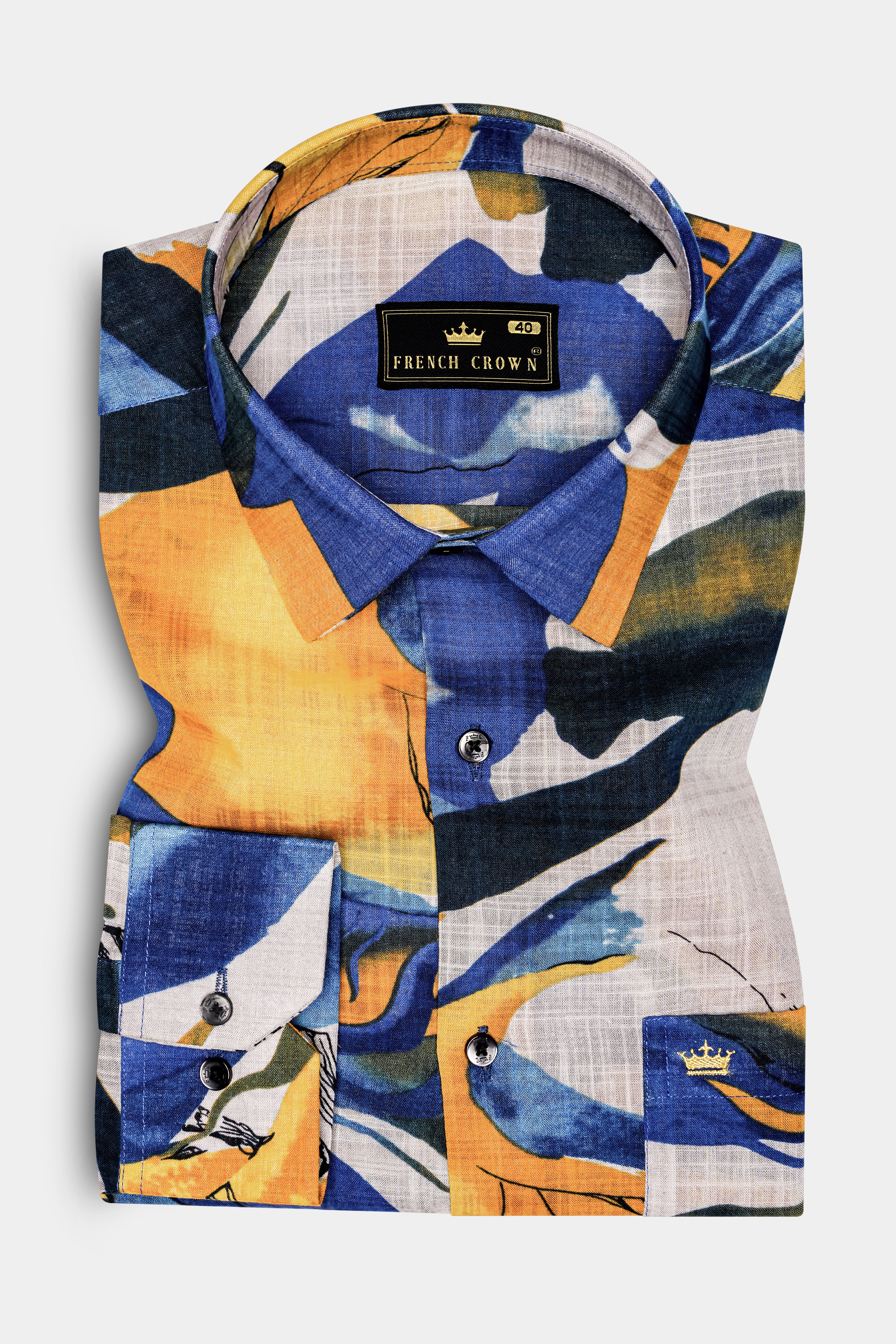 ZestyAzure-Saffron Yellow with Cobalt Blue Funky Printed Lightweight Premium Cotton Multicolor Casual Shirt