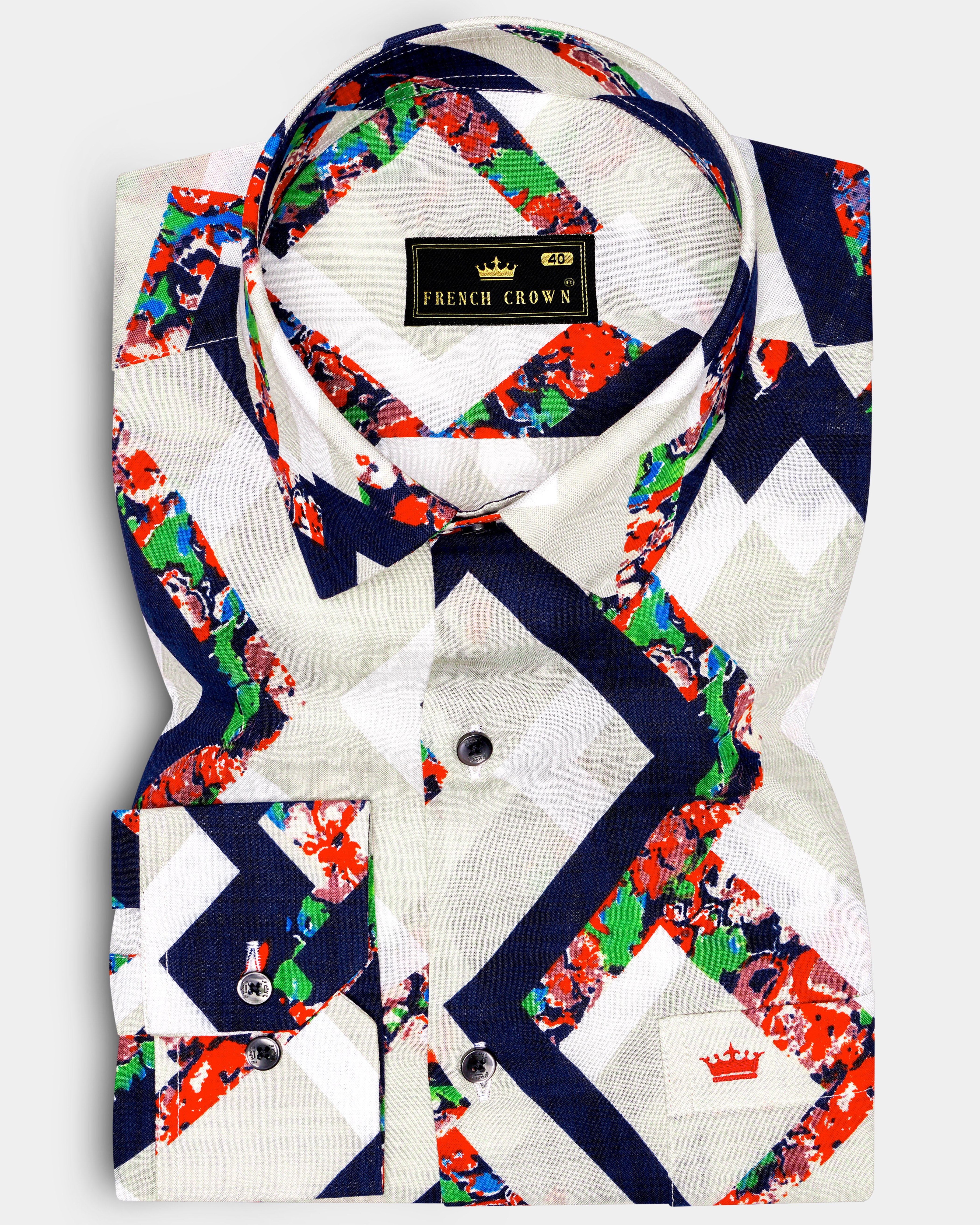 IvoryWave-Westar Cream with Bastille Navy Blue Funky Printed Lightweight Premium Cotton Multicolor Casual Shirt