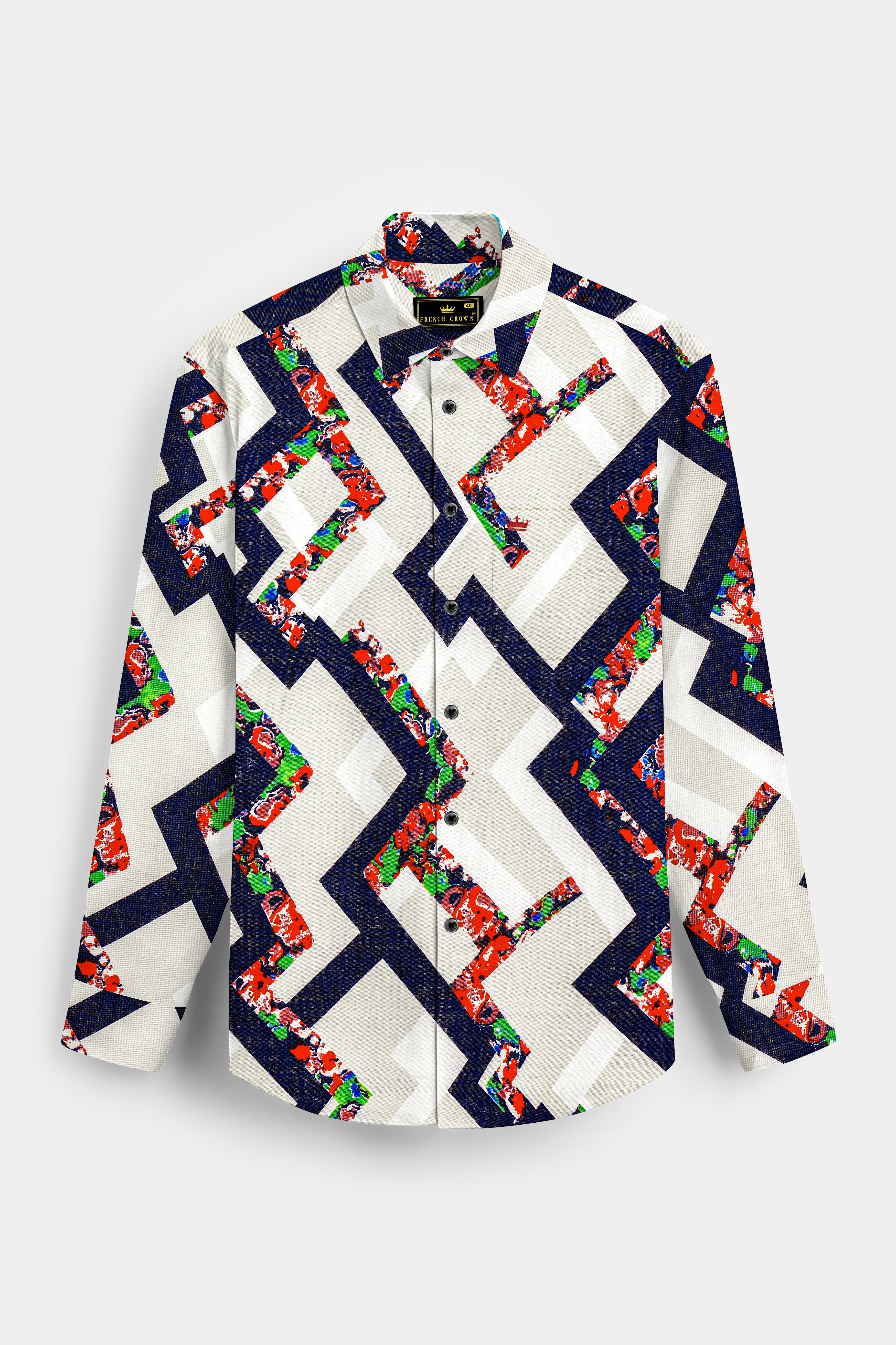 IvoryWave-Westar Cream with Bastille Blue Funky Printed Lightweight Premium Cotton Multicolor Casual Shirt