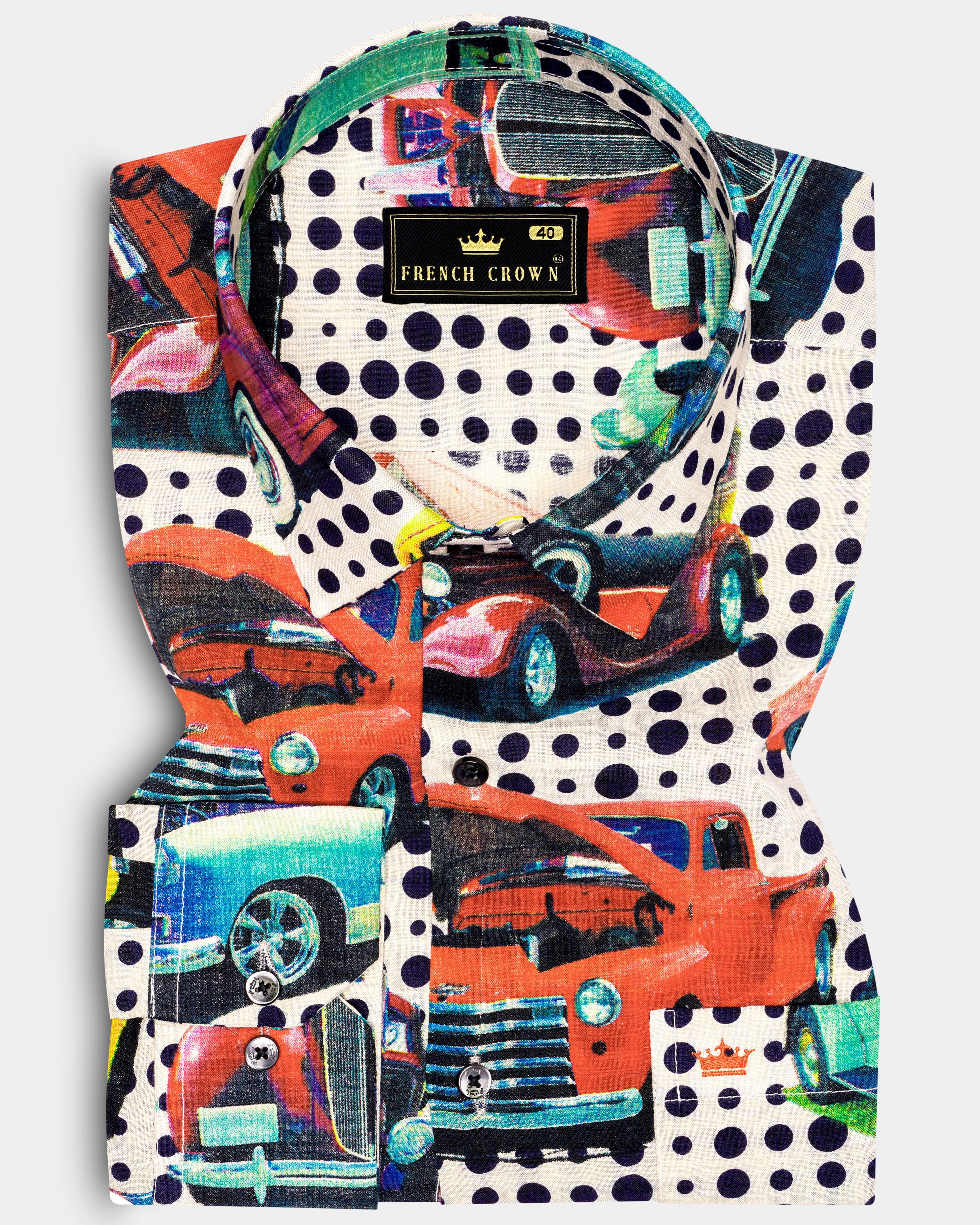 CruiseVibe-Merino Cream and Grapefruit Red Car Printed Lightweight Premium Cotton Multicolor Casual Shirt