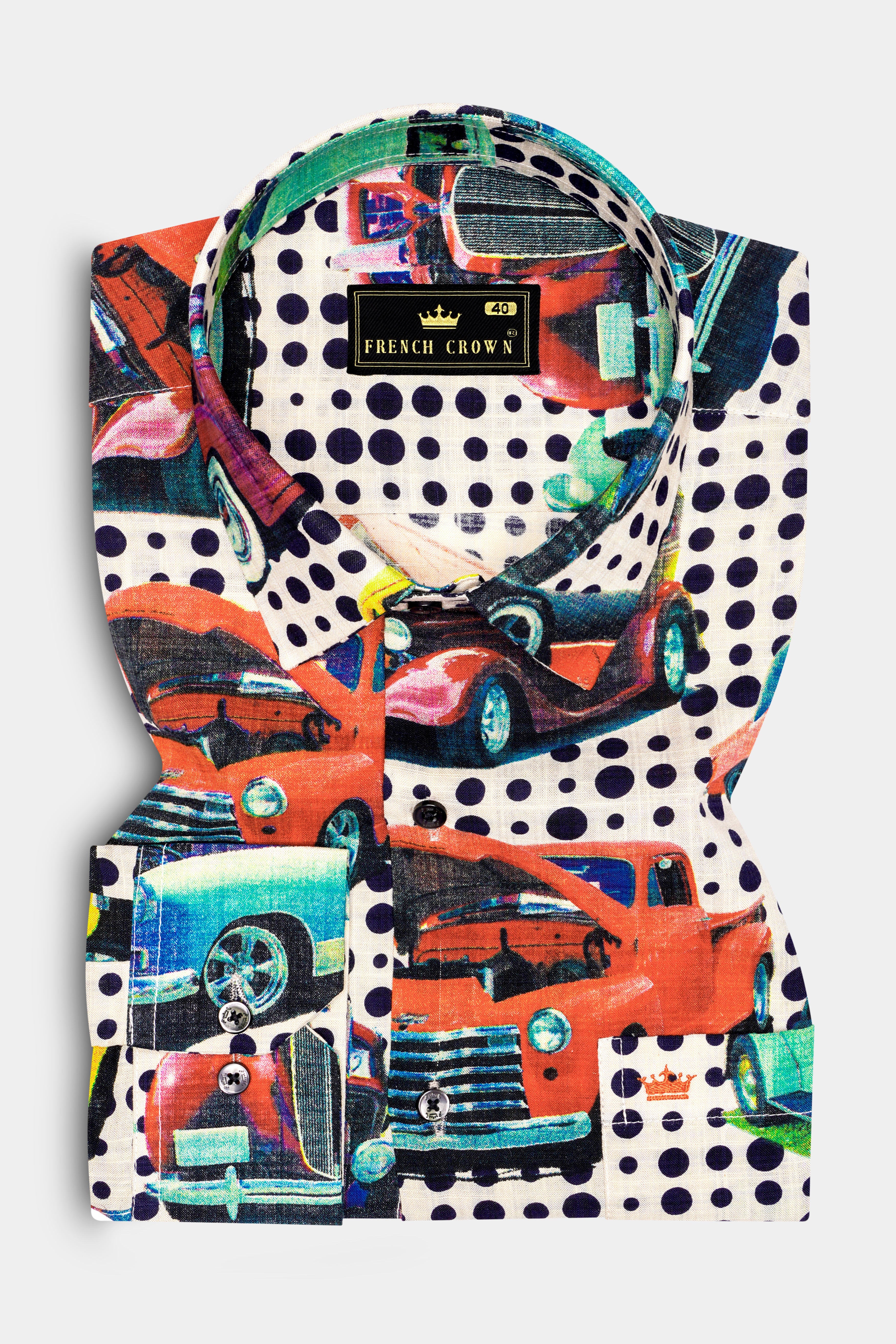 CruiseVibe-Merino Cream and Grapefruit Red Car Printed Lightweight Premium Cotton Multicolor Casual Shirt