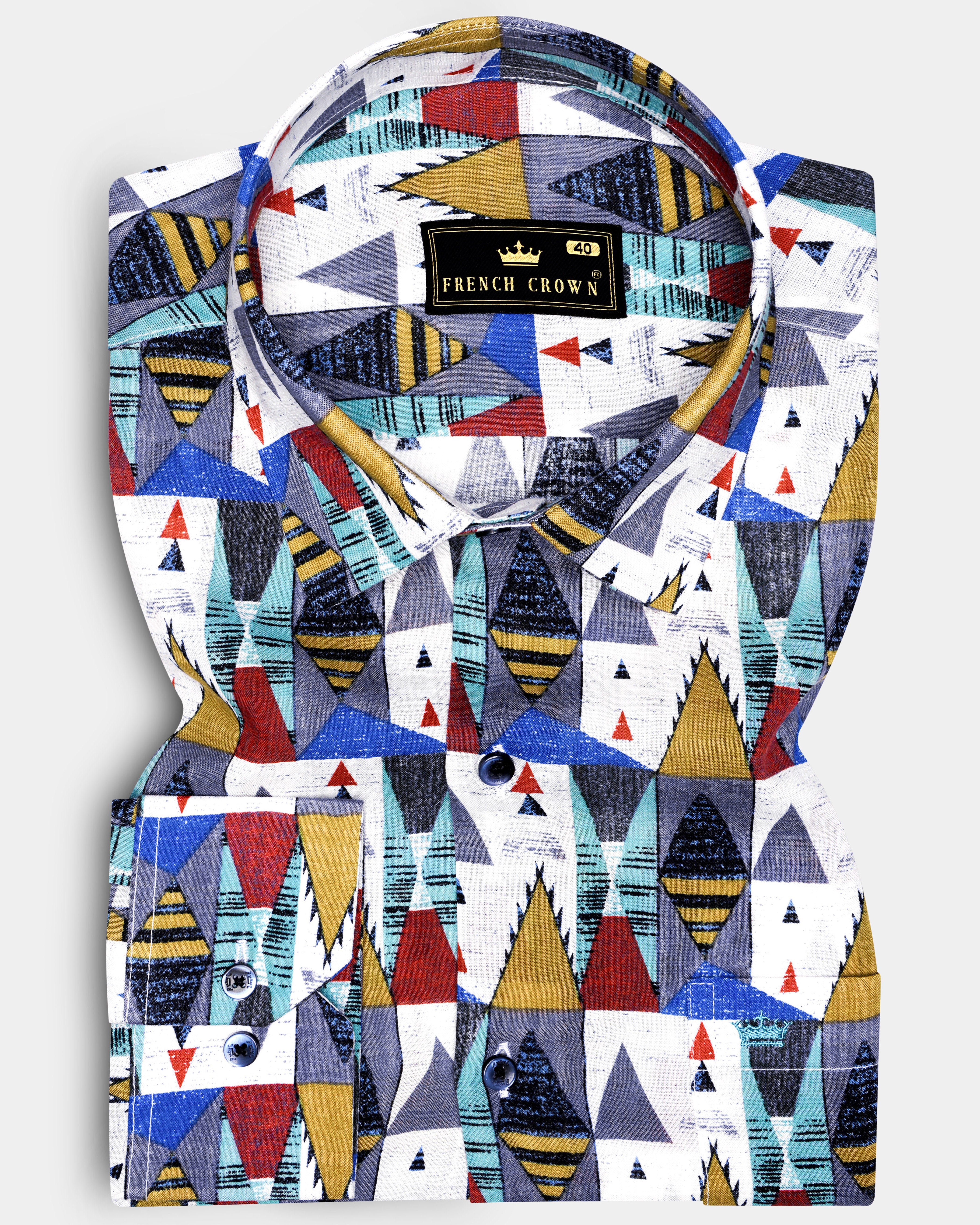 GoldenVale-Bright White with Marigold Brown and Yale Blue Printed Lightweight Premium Cotton Multicolor Casual Shirt