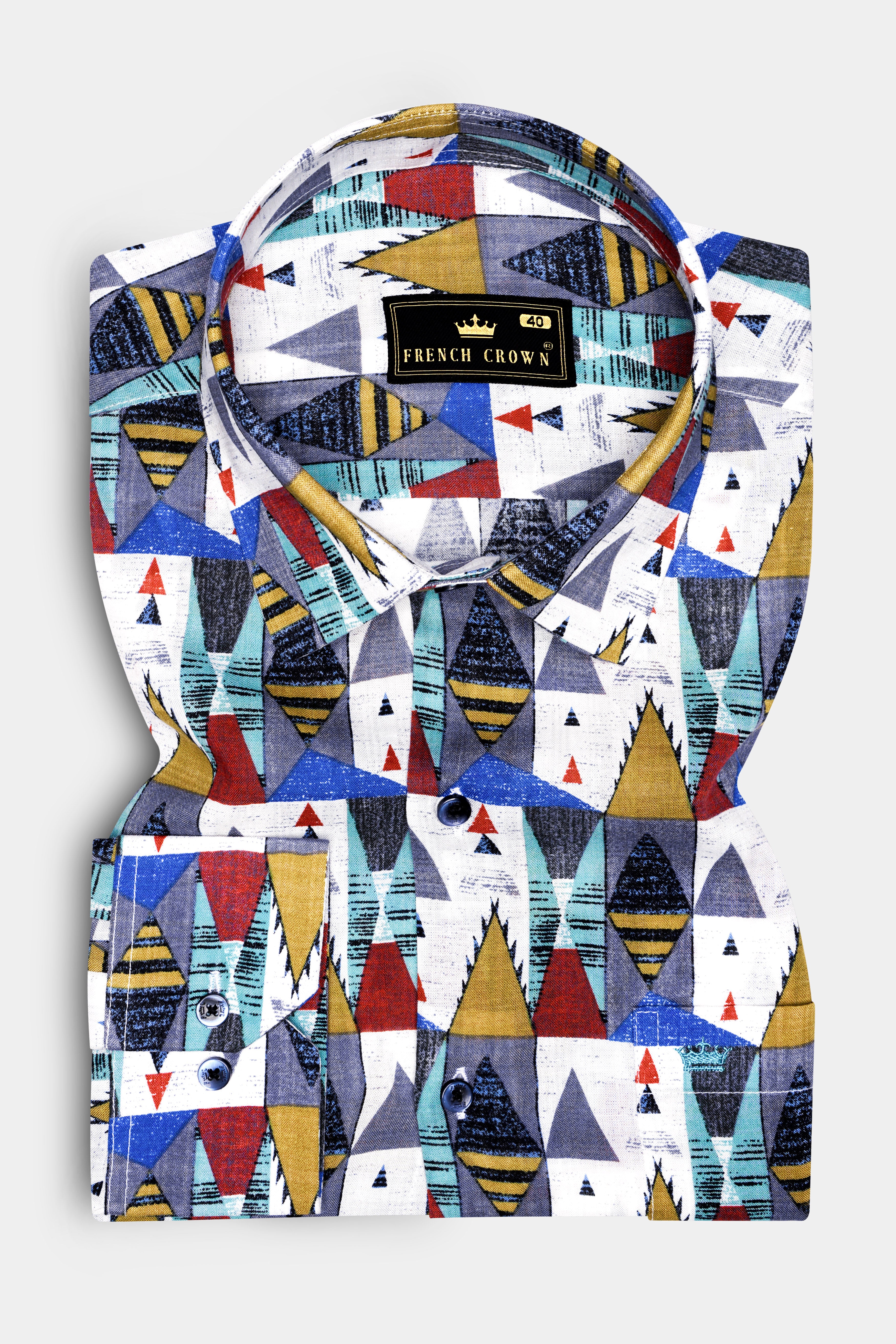 GoldenVale-Bright White with Marigold Brown and Yale Blue Printed Lightweight Premium Cotton Multicolor Casual Shirt