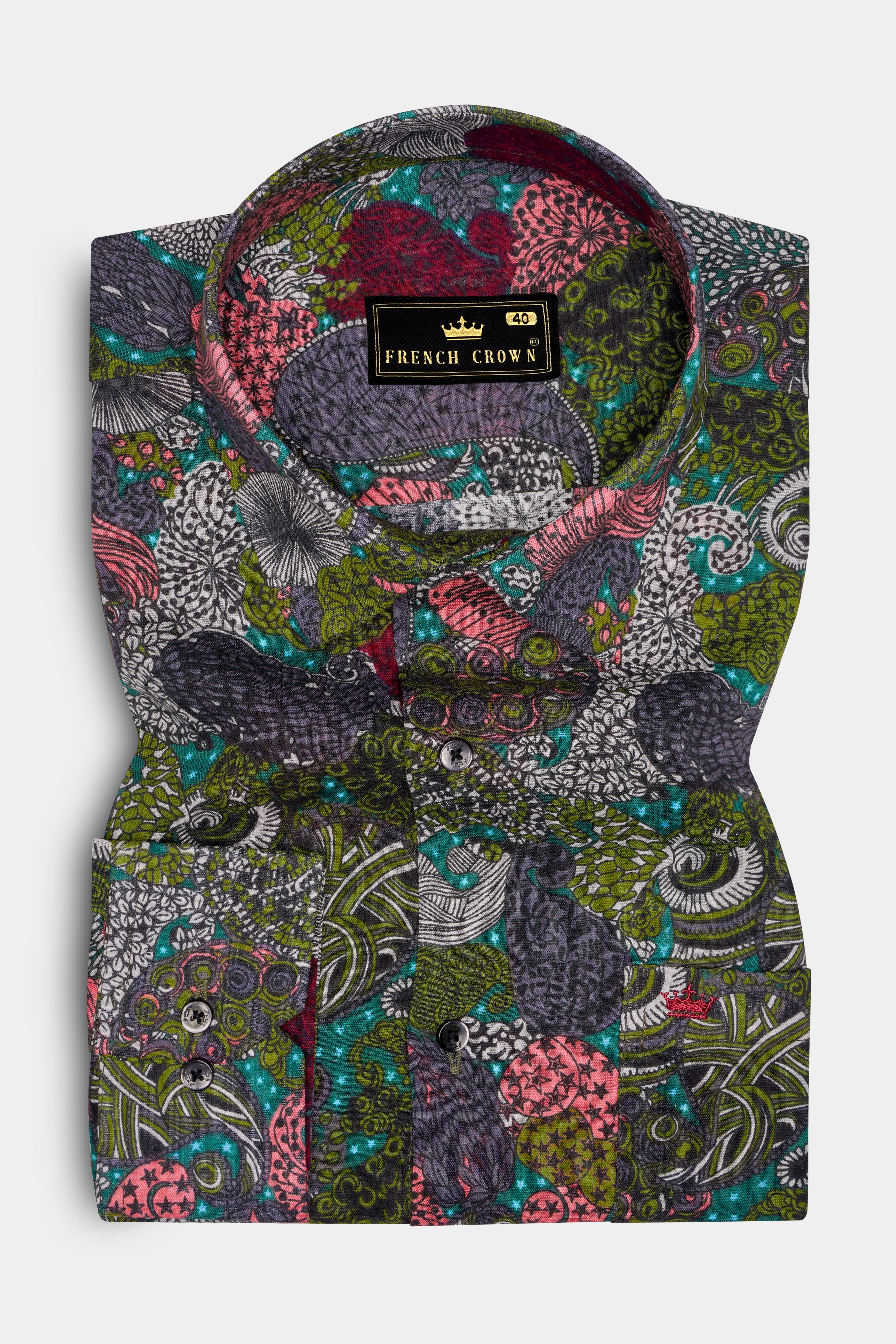 OrnateFern-Sycamore Green with Deep Blush Pink Multicolor Paisley Printed Lightweight Premium Cotton Casual Shirt