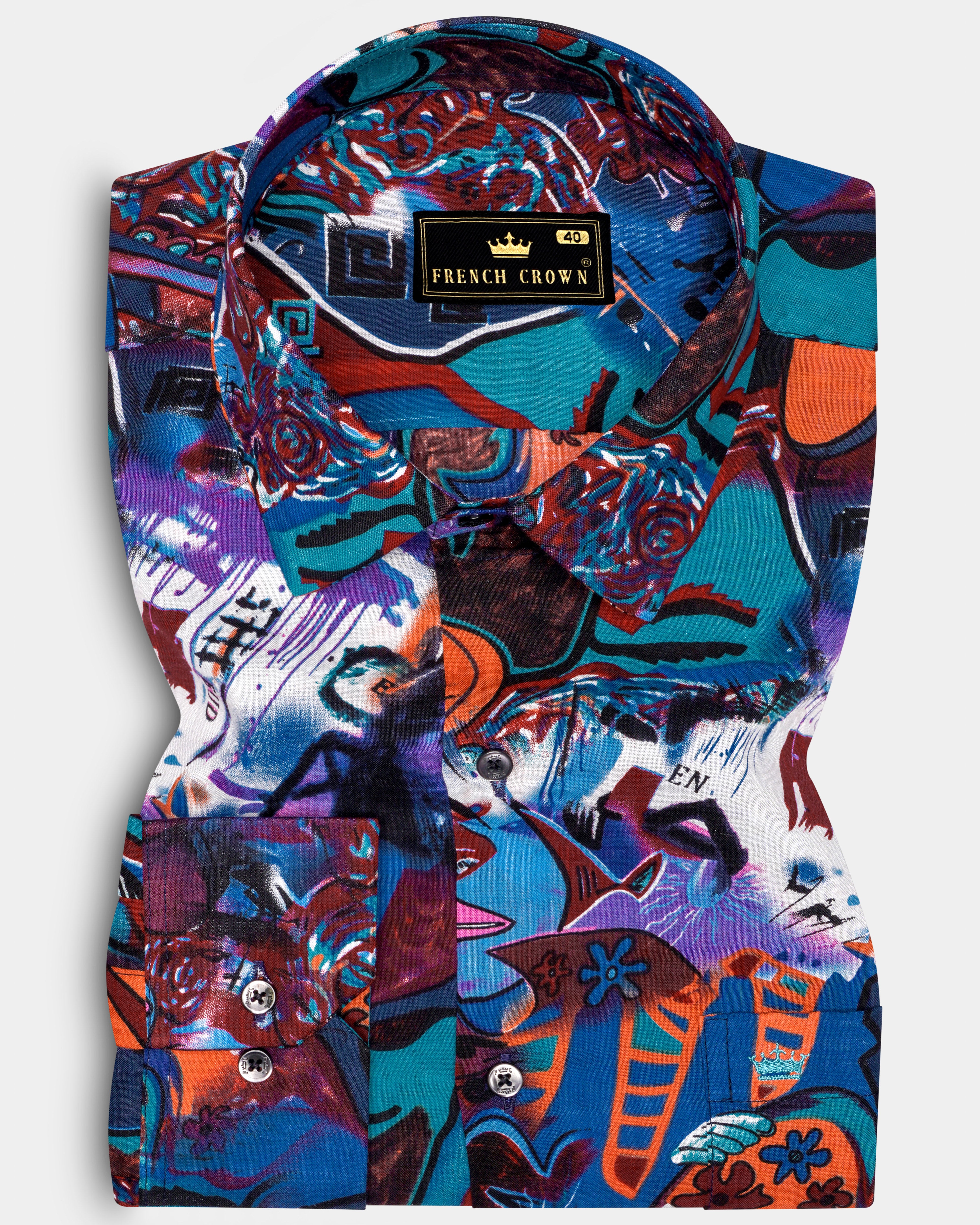 BlueEclipse-Cyan Blue Multicolor Abstract Printed Lightweight Premium Cotton Casual Shirts