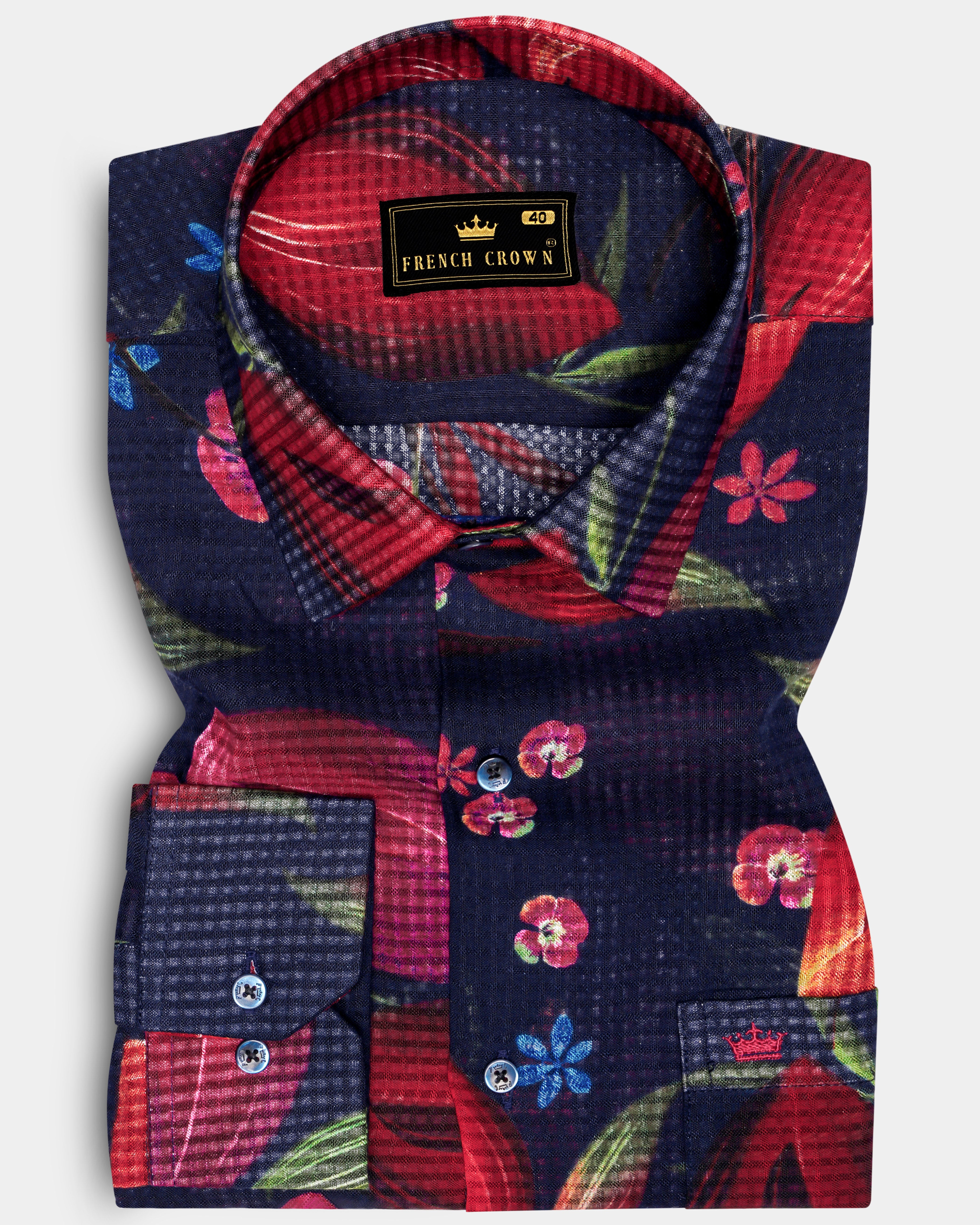 NocturneFlora-Cinder Navy Blue with Mulberry Wine Floral Printed Lightweight Premium Cotton Multicolor Casual Shirt