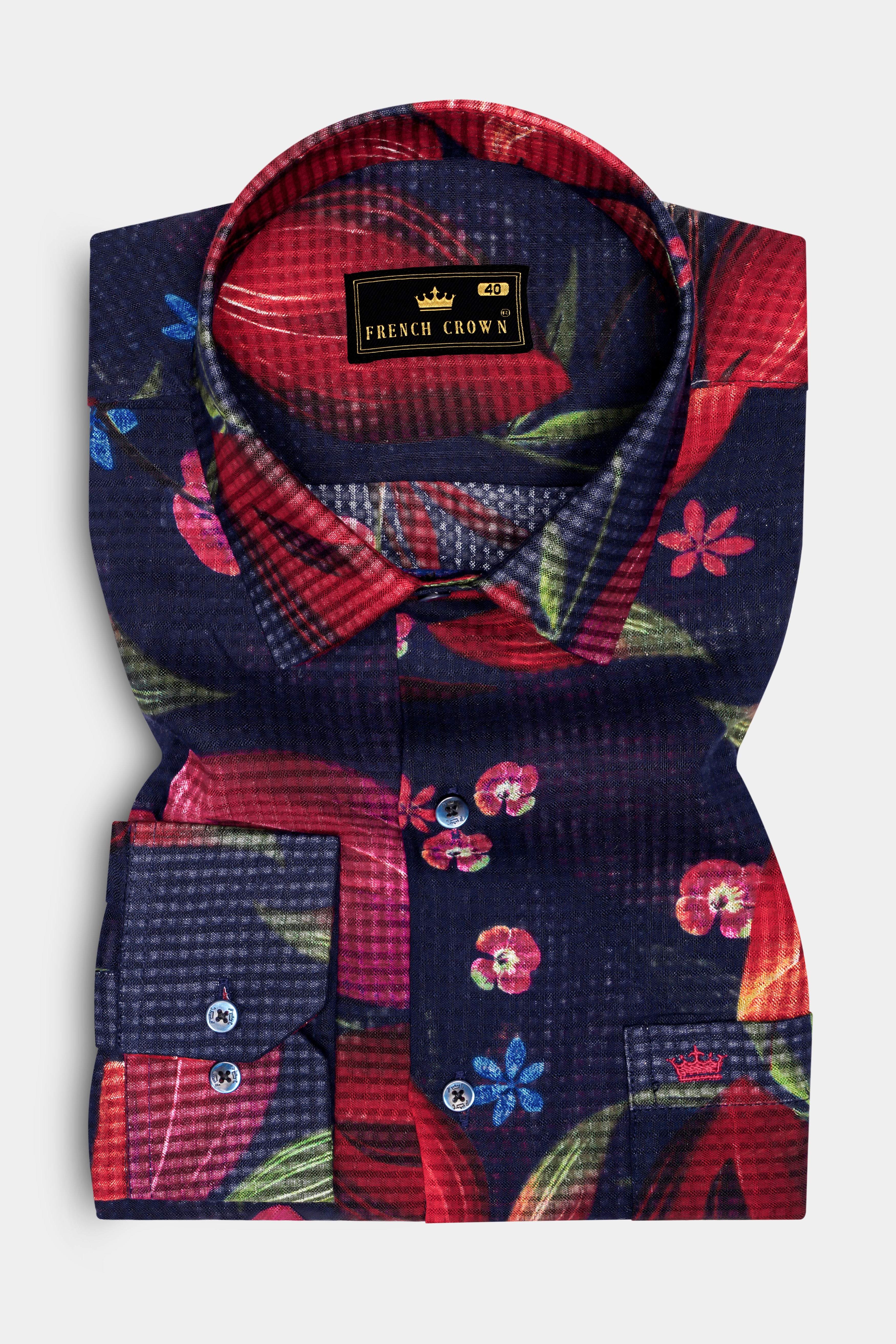 NocturneFlora-Cinder Navy Blue with Mulberry Wine Floral Printed Lightweight Premium Cotton Multicolor Casual Shirt