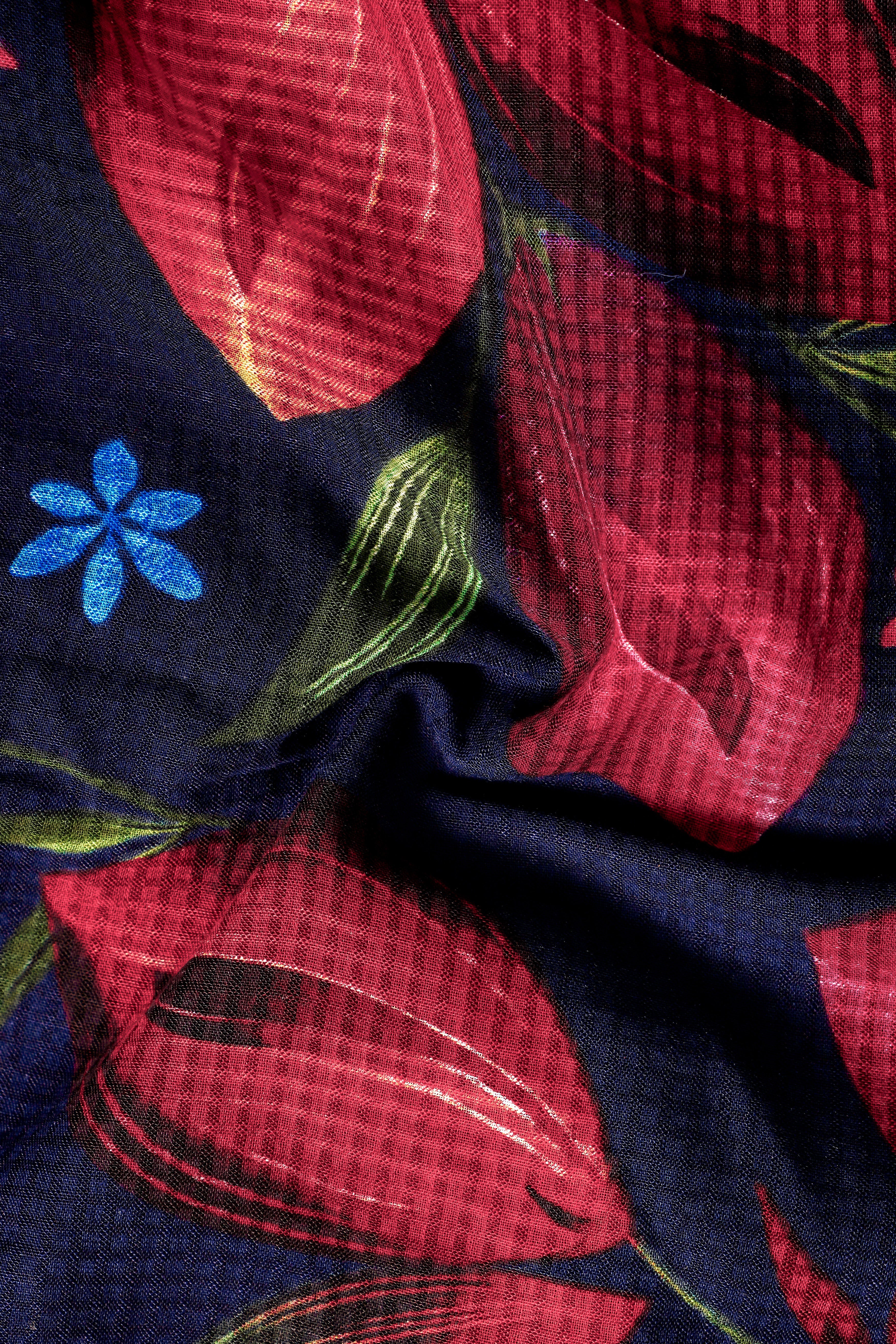 NocturneFlora-Cinder Navy Blue with Mulberry Wine Floral Printed Lightweight Premium Cotton Multicolor Casual Shirt