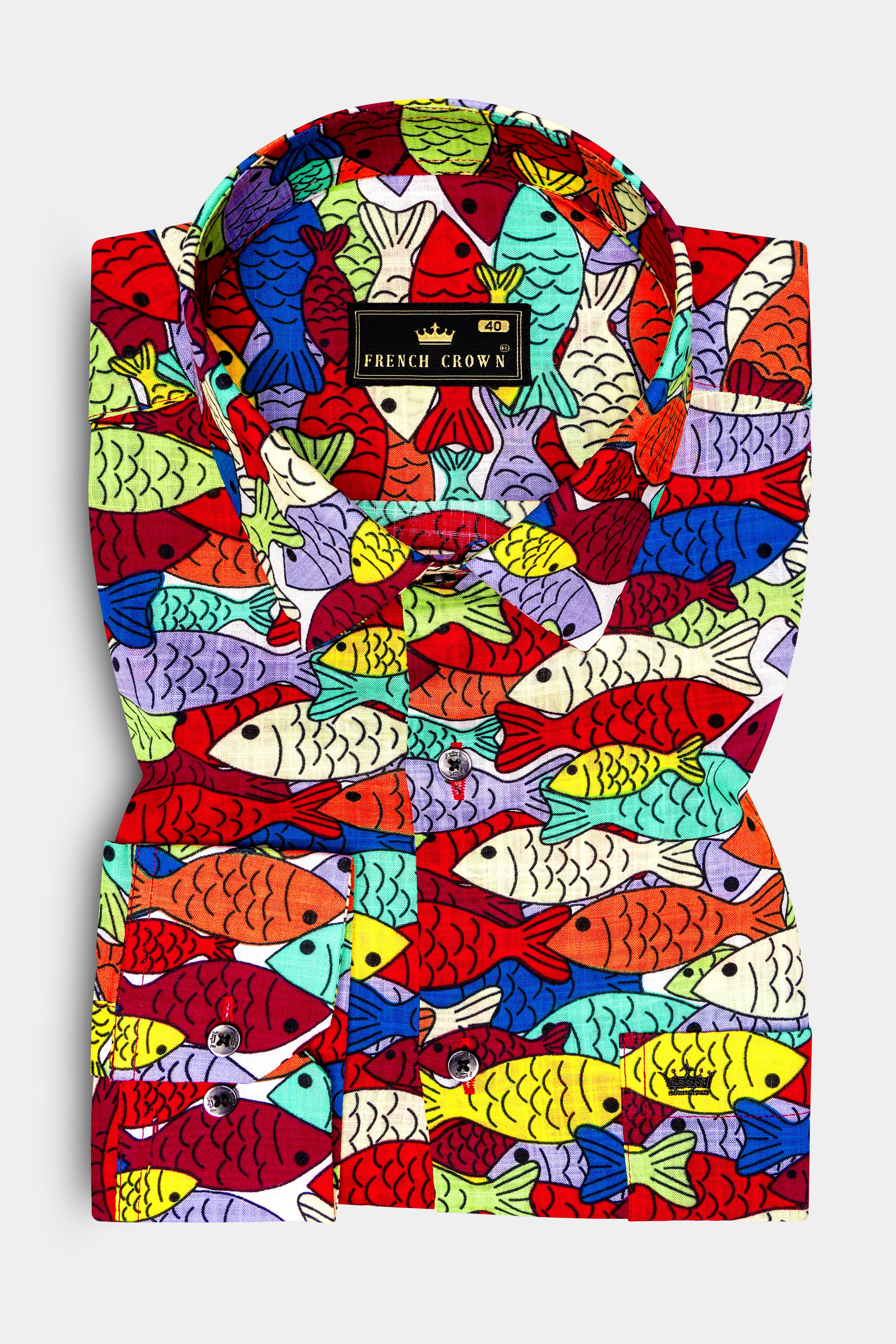 Neptune Rouge-Claret Maroon With Feijoa Green Multicolor Fish Printed Lightweight Premium Cotton Casual Shirt