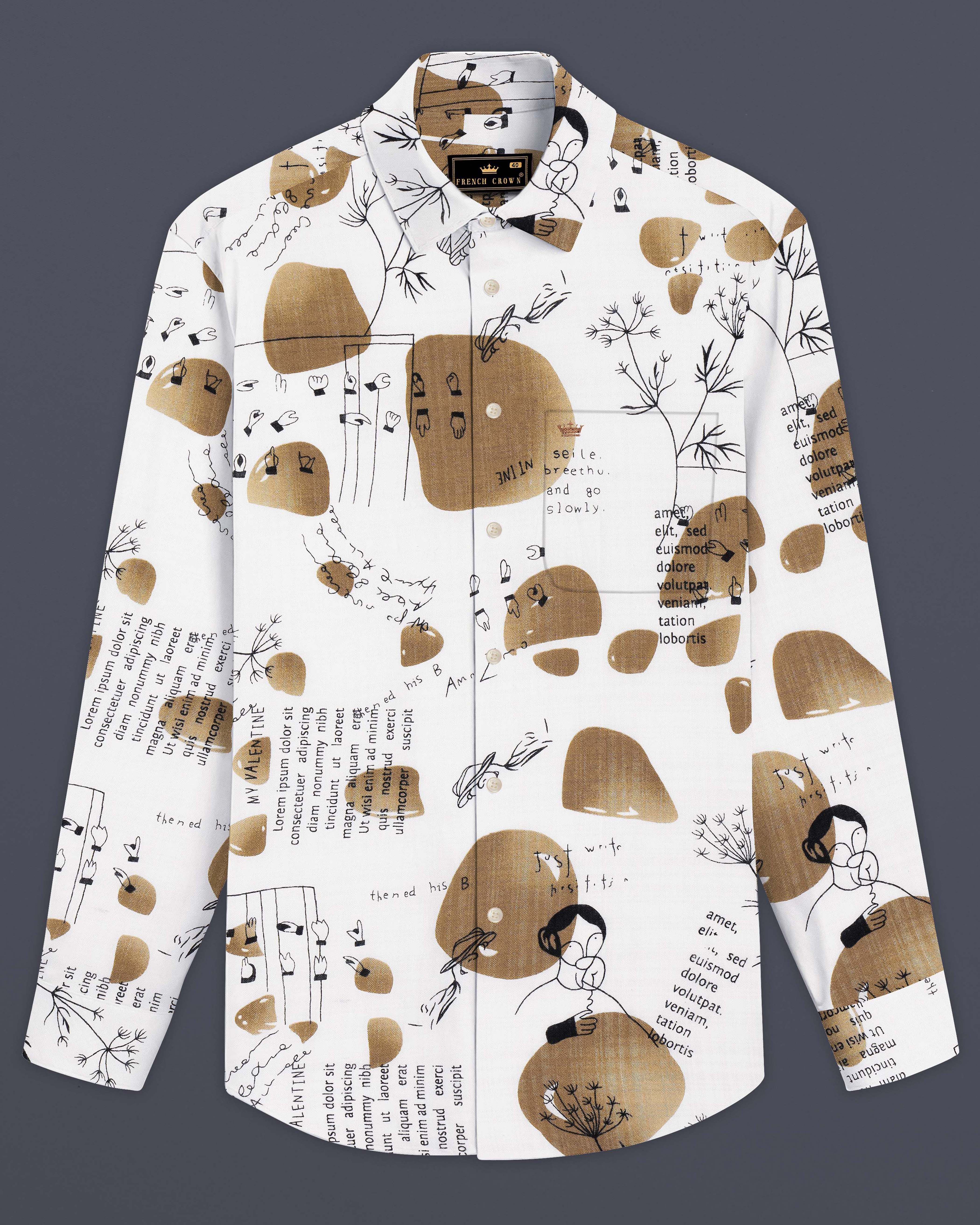 Vintage-Bright White and Muesli Brown Doodle Printed Lightweight Premium Cotton Casual Shirt
