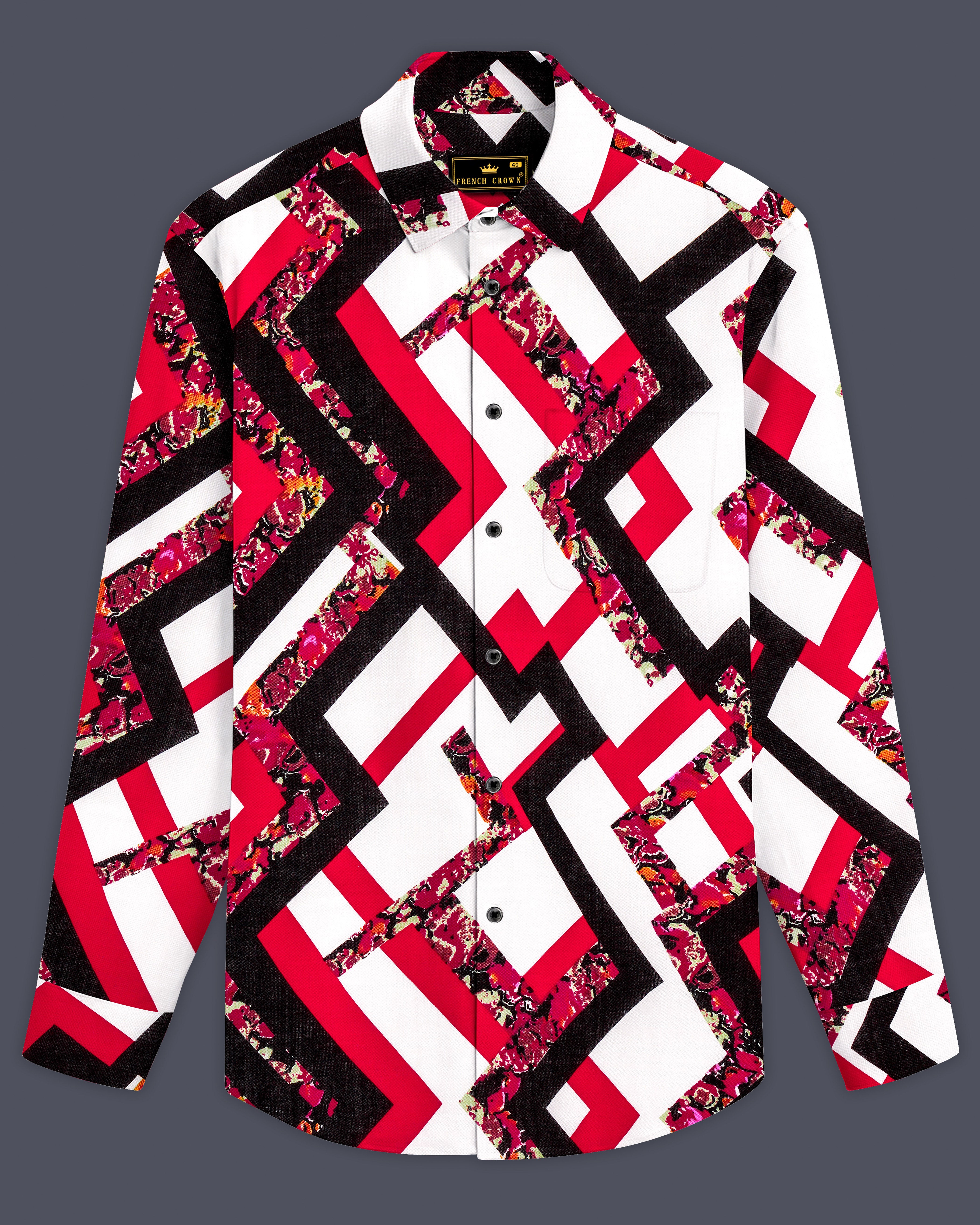 Rebel-Cadmium Red with White and Black Funky Printed Lightweight Premium Cotton Multicolor Casual Shirt