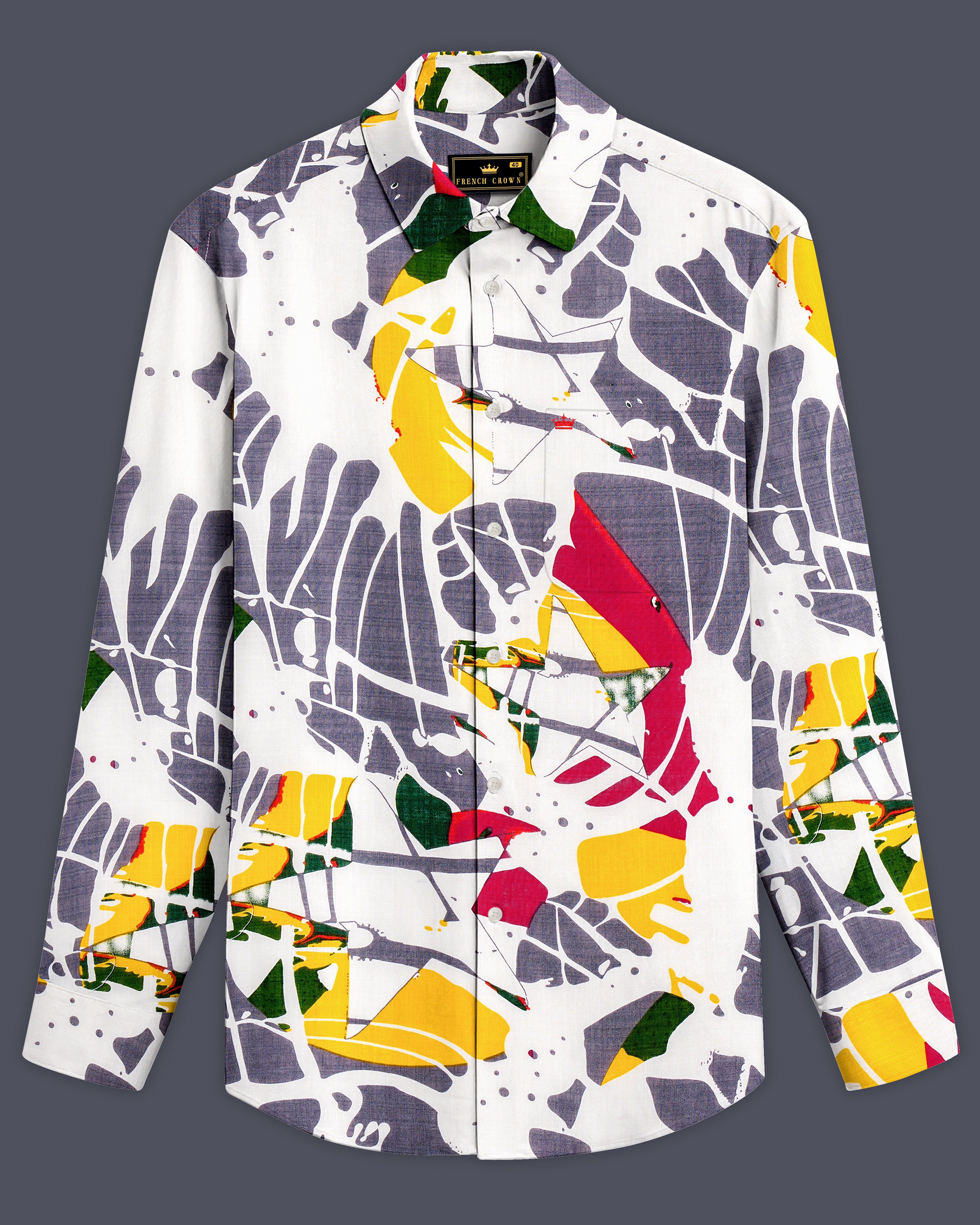 Frosted-Bright White and Mountbatten Gray Funky Printed Lightweight Premium Cotton Multicolor Casual Shirt