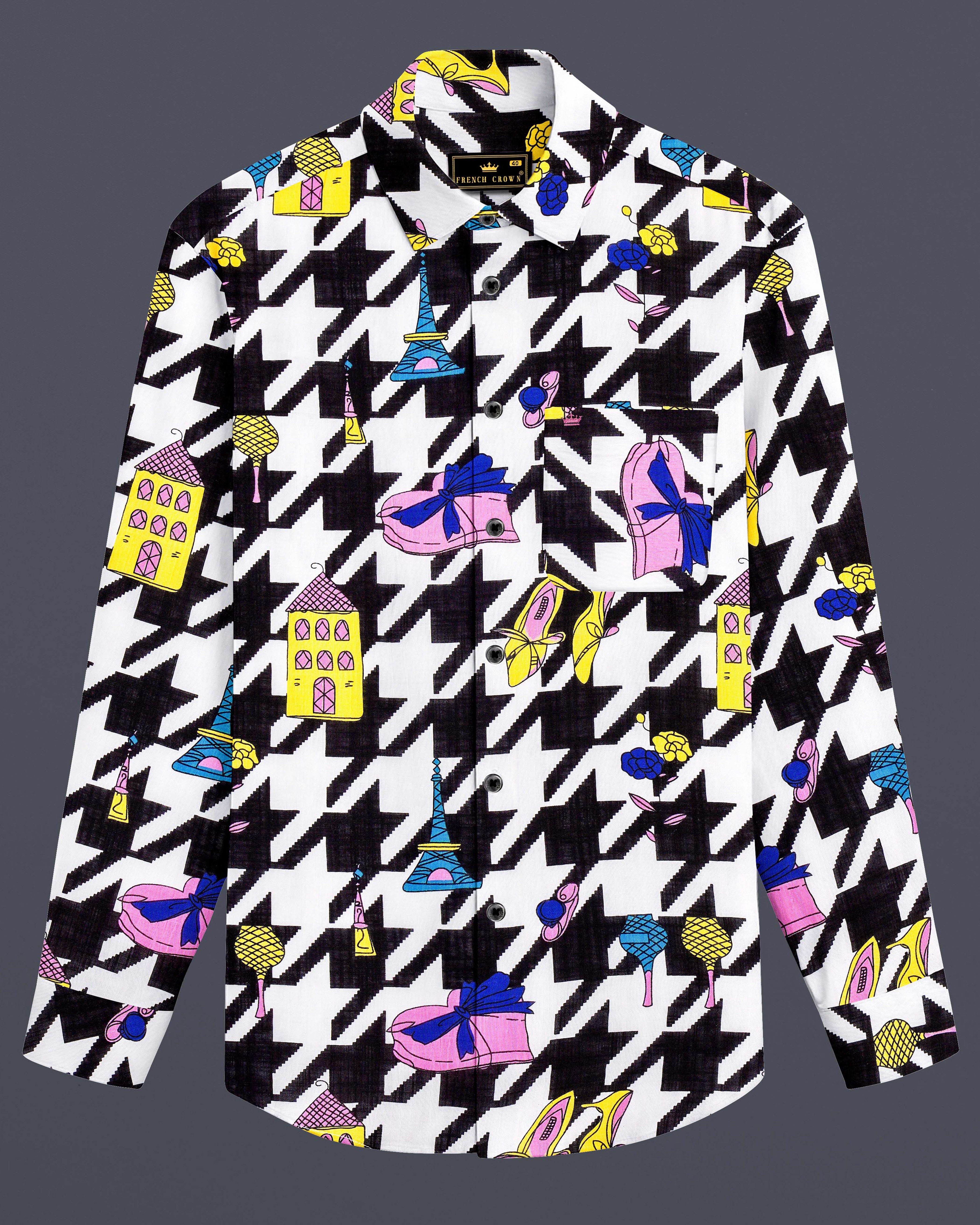 Lilac Thread-Black & White with Lavender Pink Herringbone Printed Lightweight Premium Cotton Multicolor Casual Shirt