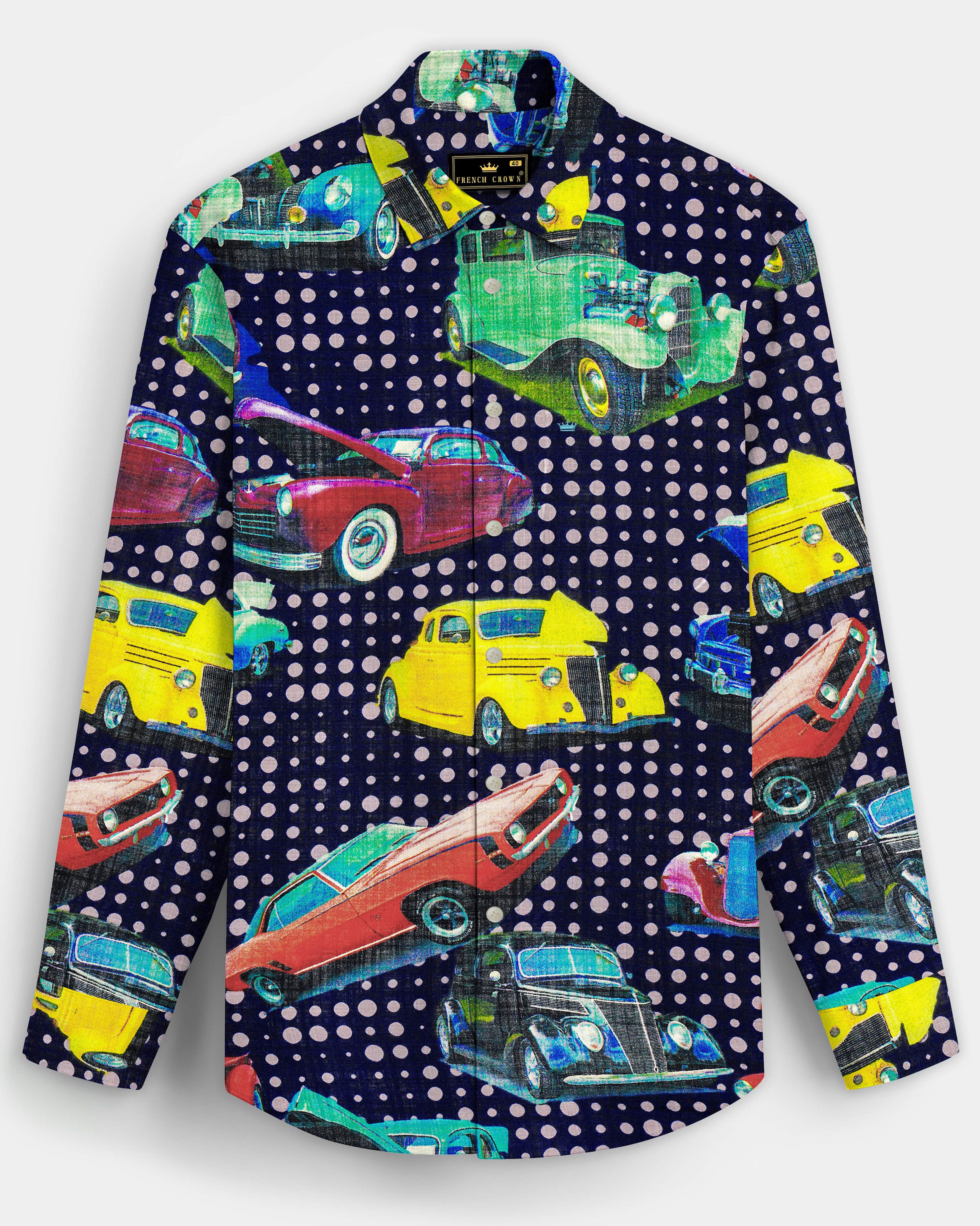 Vintage-Cinder Navy Blue Vintage Car Printed Lightweight Premium Cotton Multicolor Casual Shirt