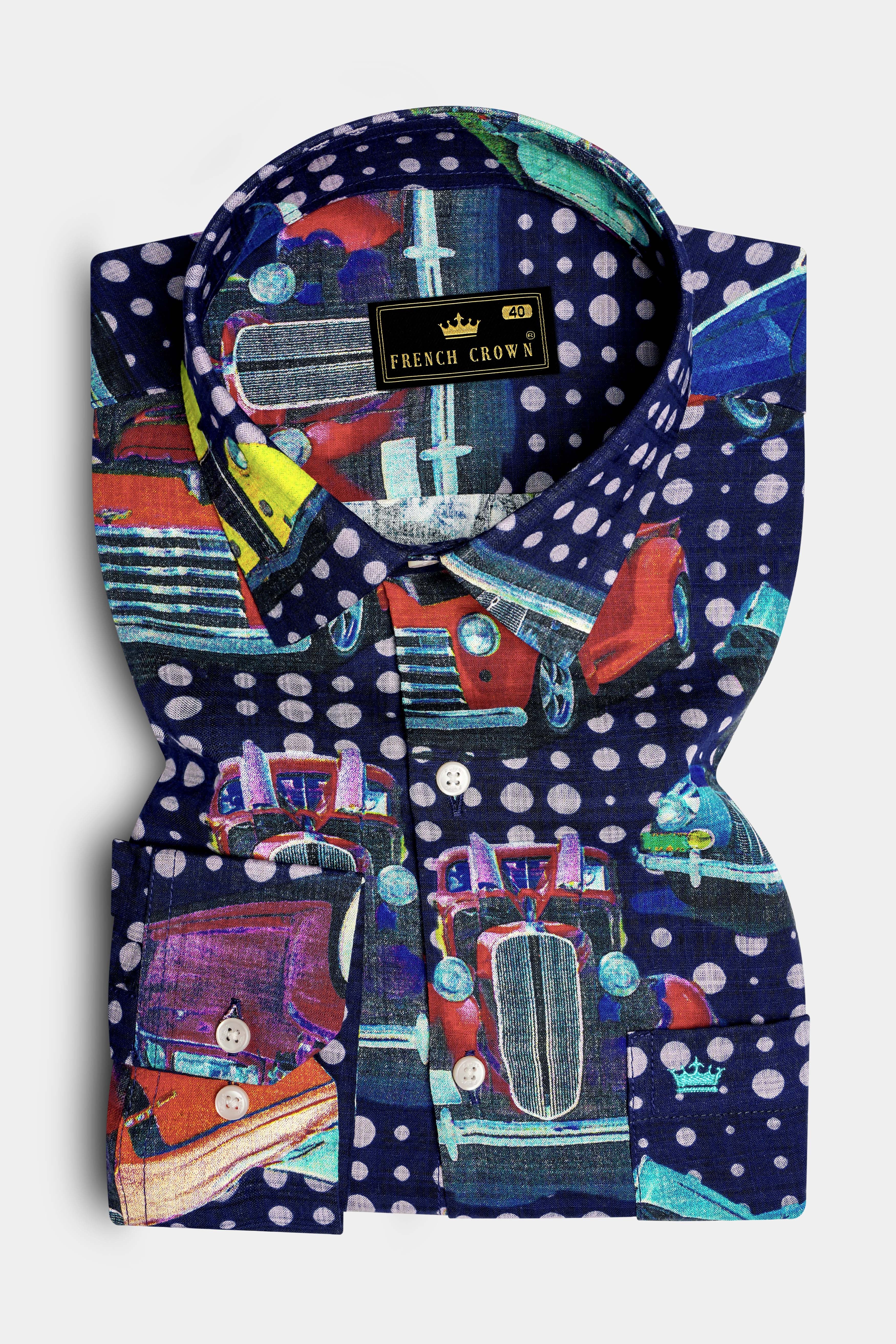 Vintage-Cinder Navy Blue Vintage Car Printed Lightweight Premium Cotton Multicolor Casual Shirt