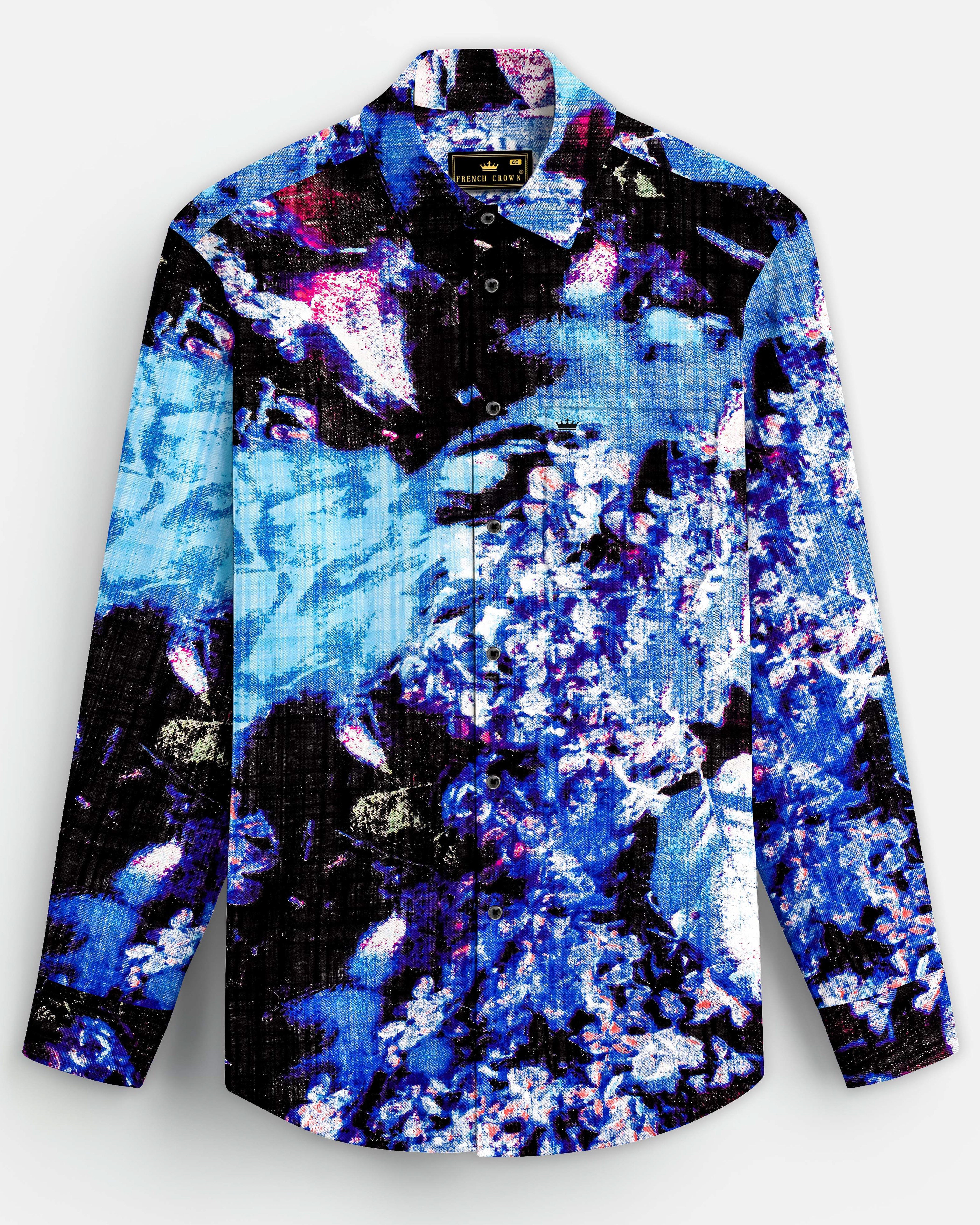 Cosmic Flow-Brandeis Blue and Black Funky Printed Lightweight Premium Cotton Multicolor Casual Shirt