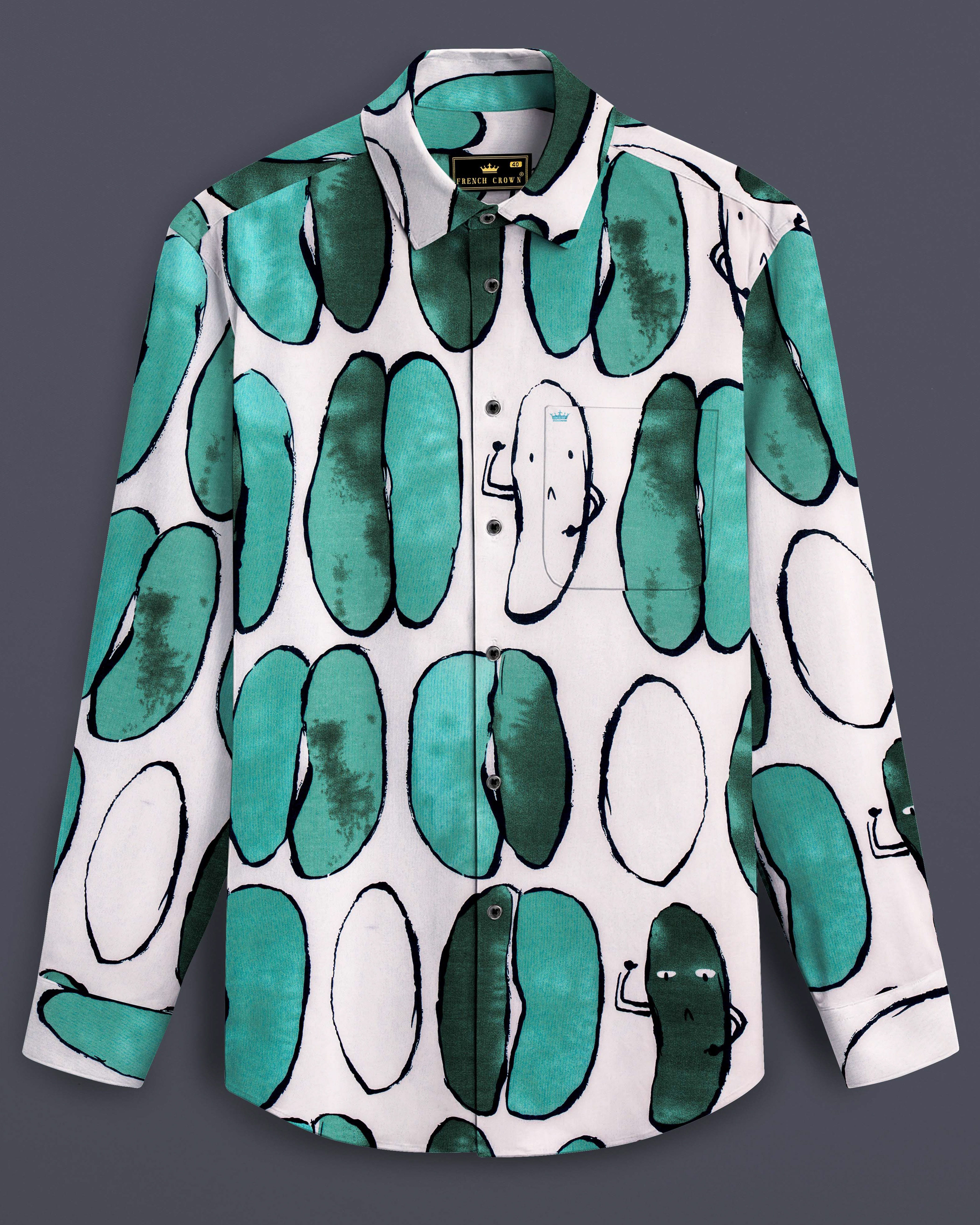 Polar Mist-Glacier Green with Bright White Printed Lightweight Premium Cotton Casual Shirt