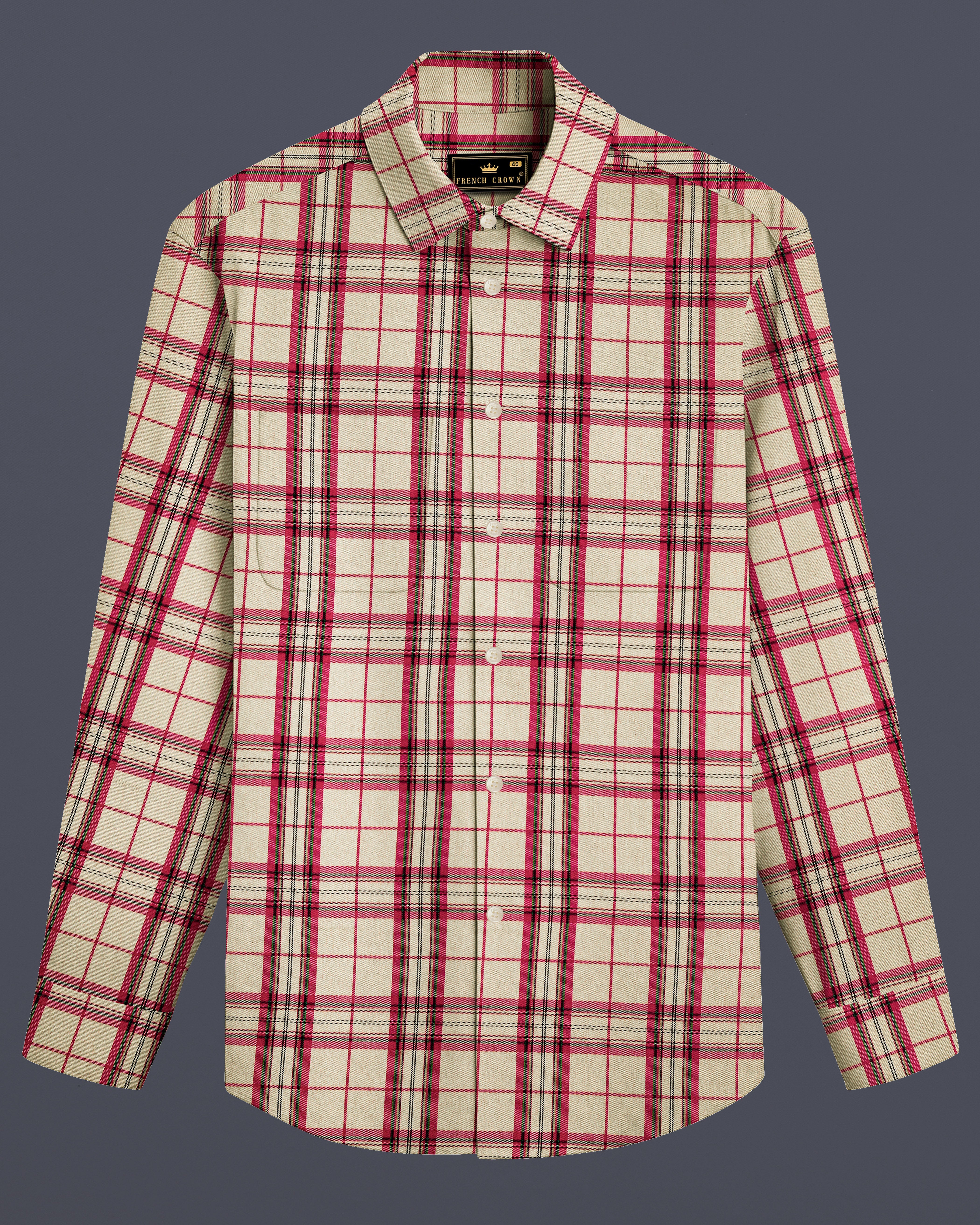 Spring Cream And Brick Pink Plaid Oxford Premium Cotton Semi Formal Designer Shirt