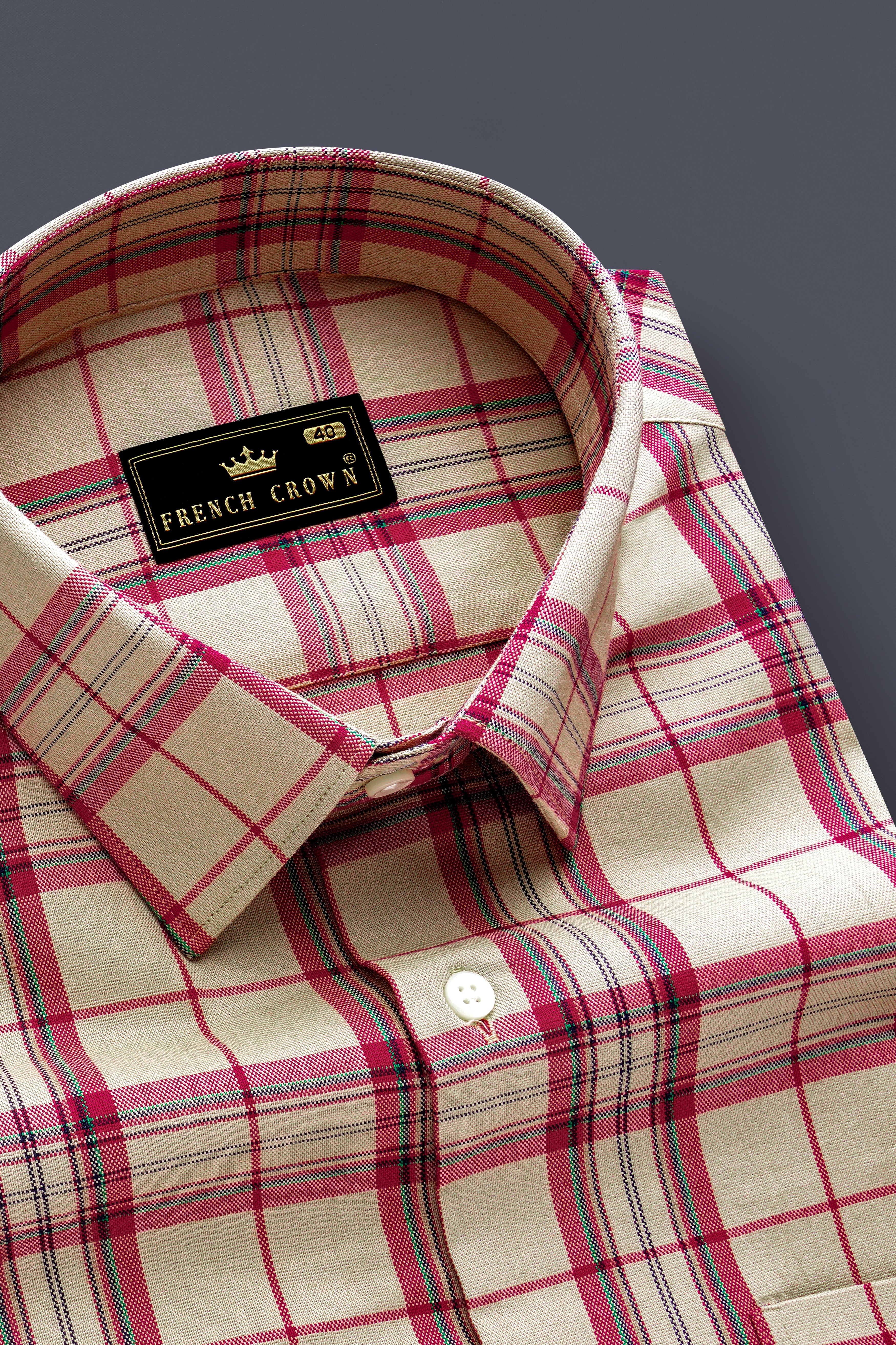 Spring Cream And Brick Pink Plaid Oxford Premium Cotton Semi Formal Designer Shirt