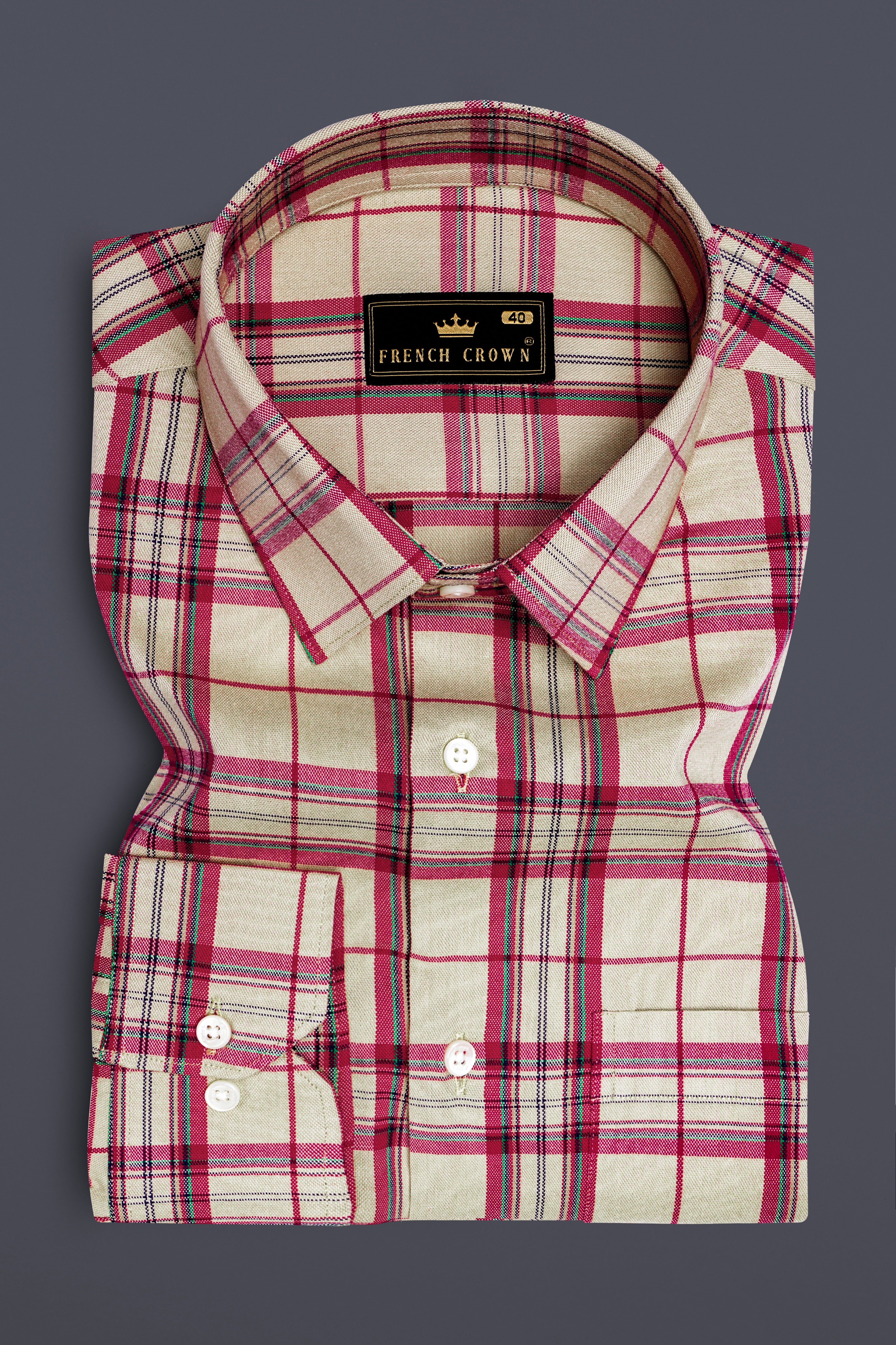 Spring Cream And Brick Pink Plaid Oxford Premium Cotton Semi Formal Designer Shirt