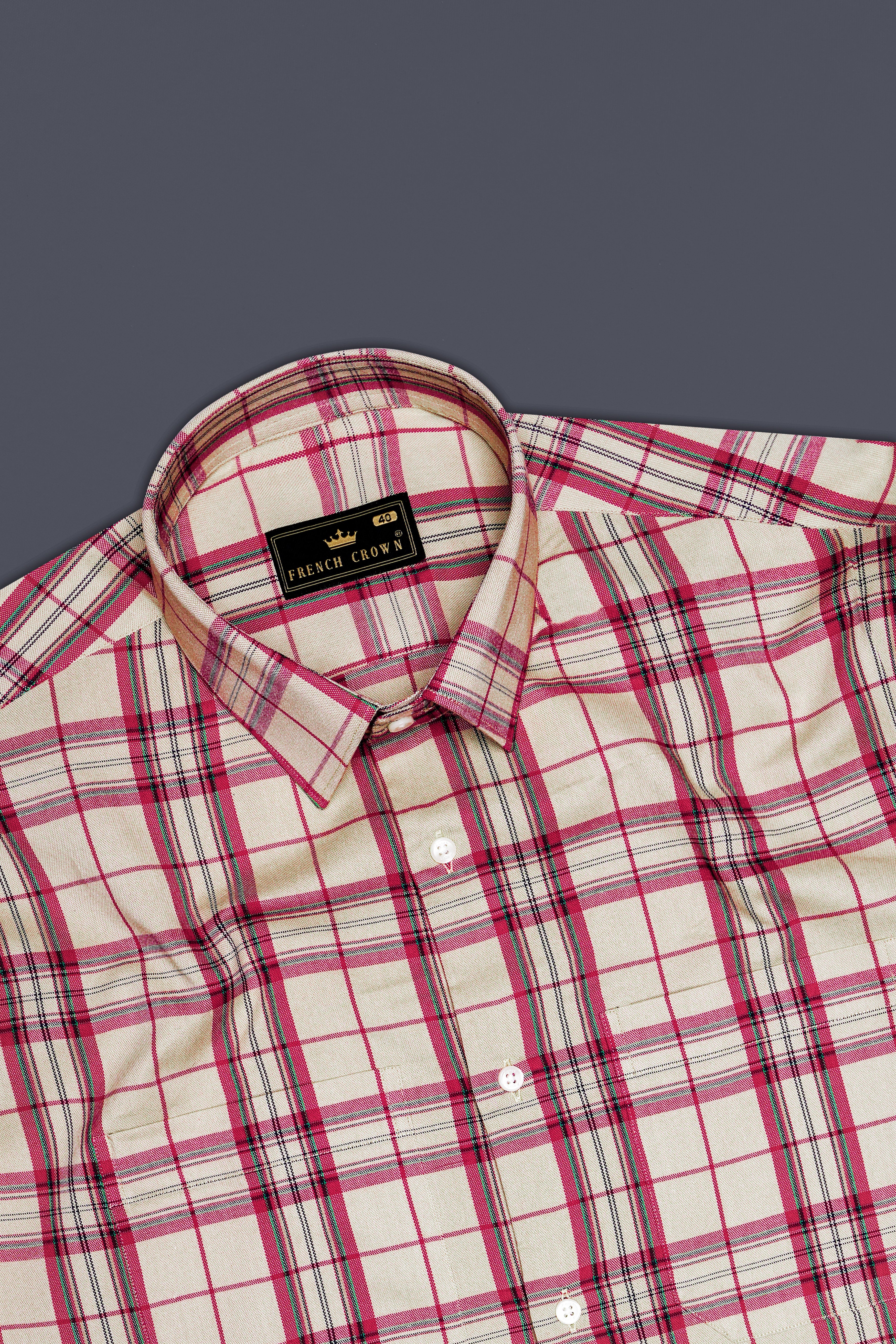 Spring Cream And Brick Pink Plaid Oxford Premium Cotton Semi Formal Designer Shirt