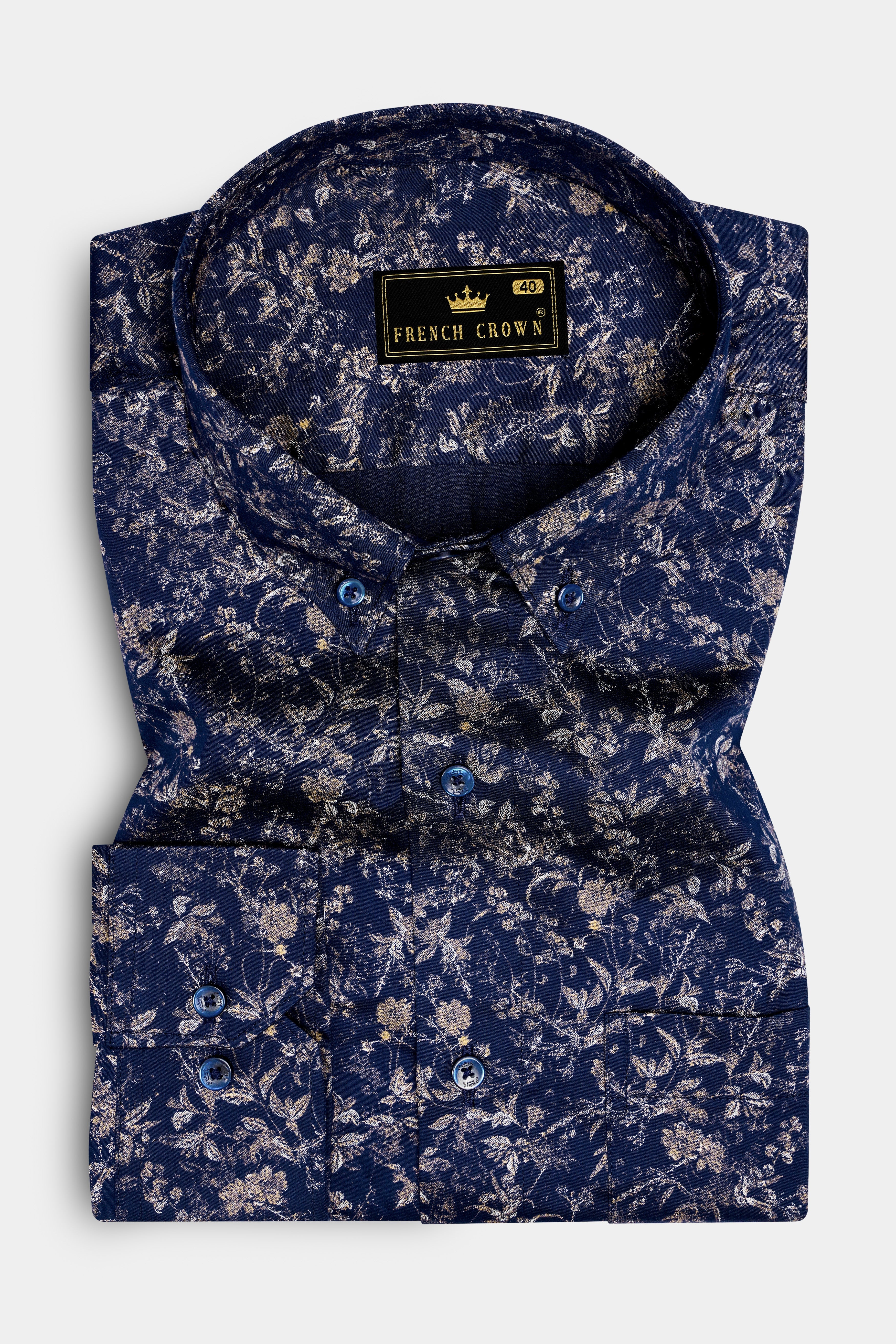 Midnight Petals- Blue Floral Printed Subtle Sheen Super Soft Premium Cotton Casual Shirt