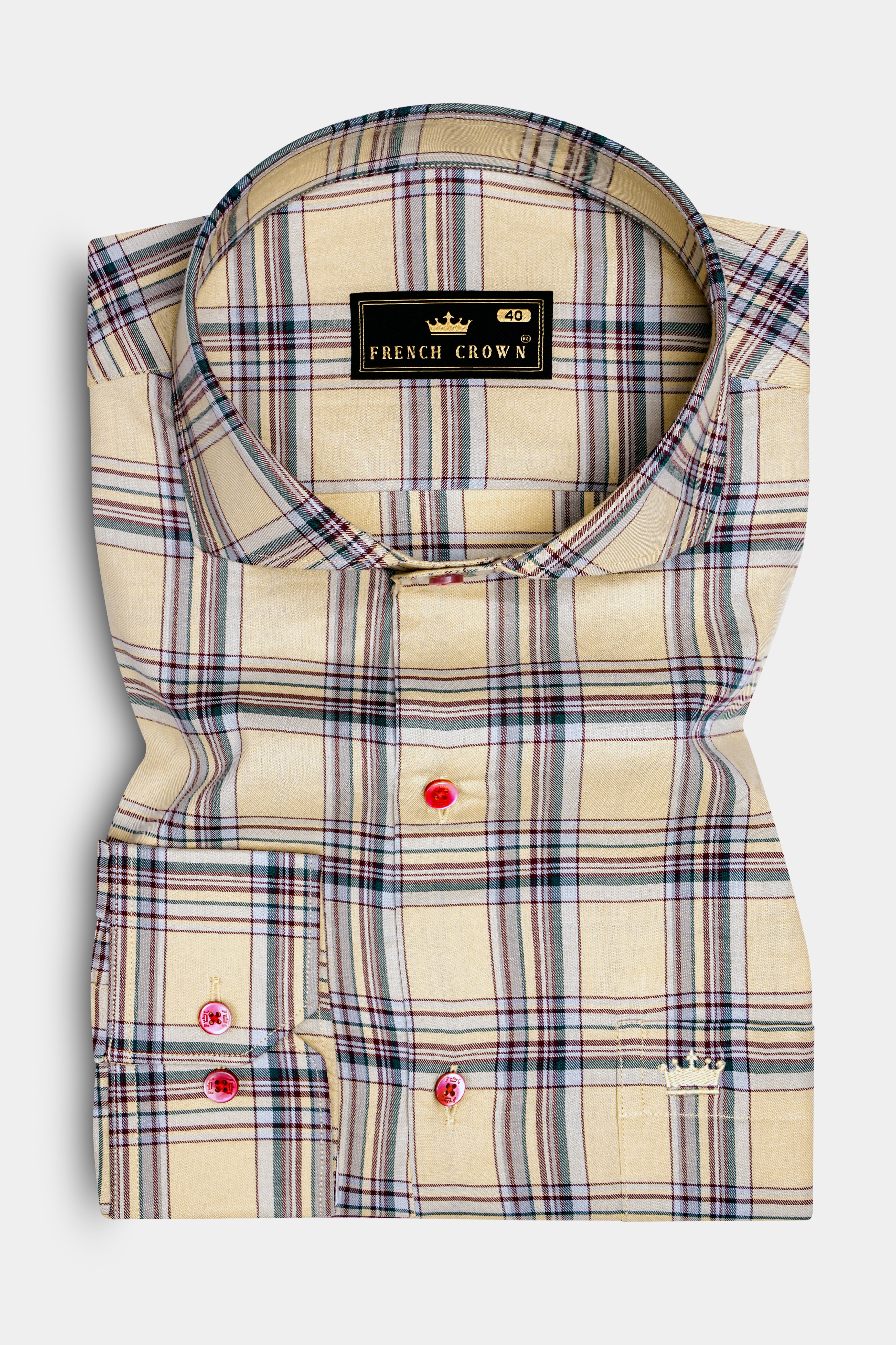 Yellowish Orange with Green Cyan Checks Plaid Twill Premium Cotton Shirt
