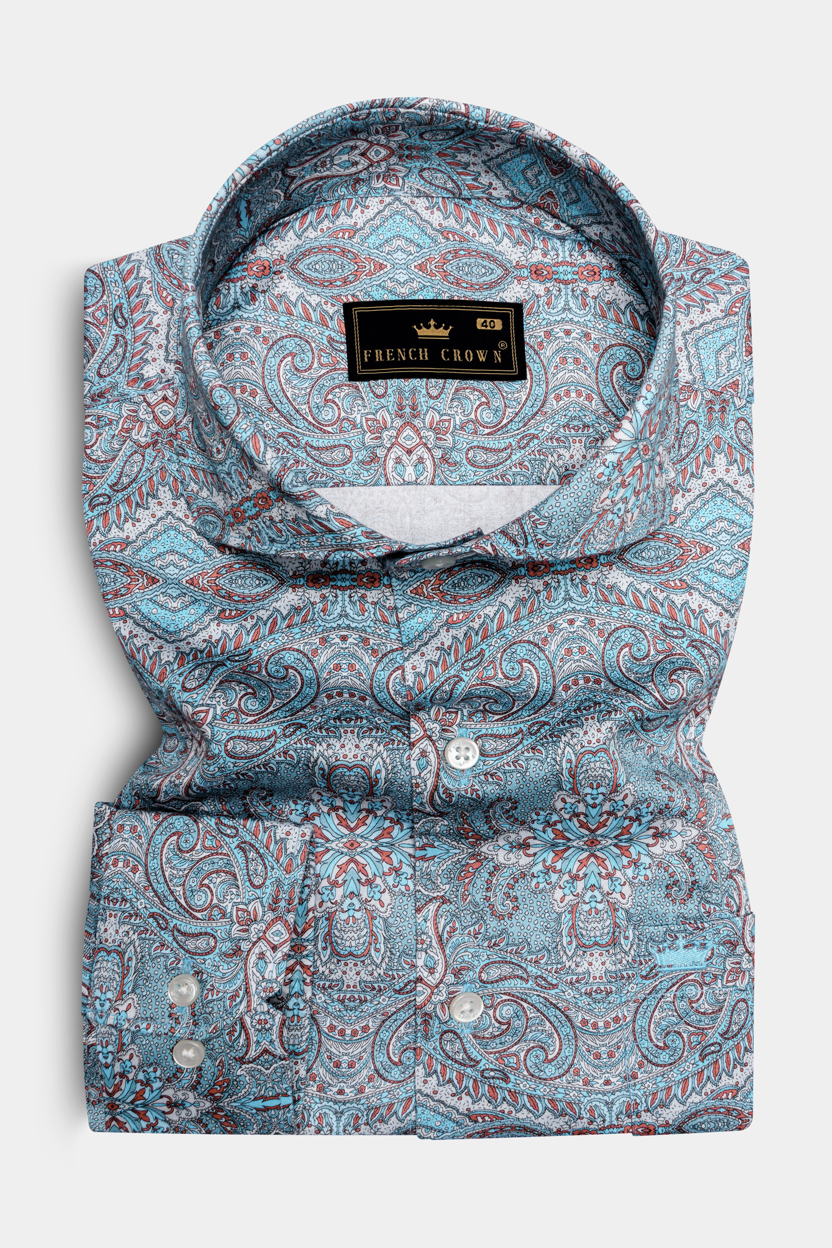 Vinterra-Fountain Blue And Bright White Vineyard Printed Twill Premium Cotton Casual Shirt