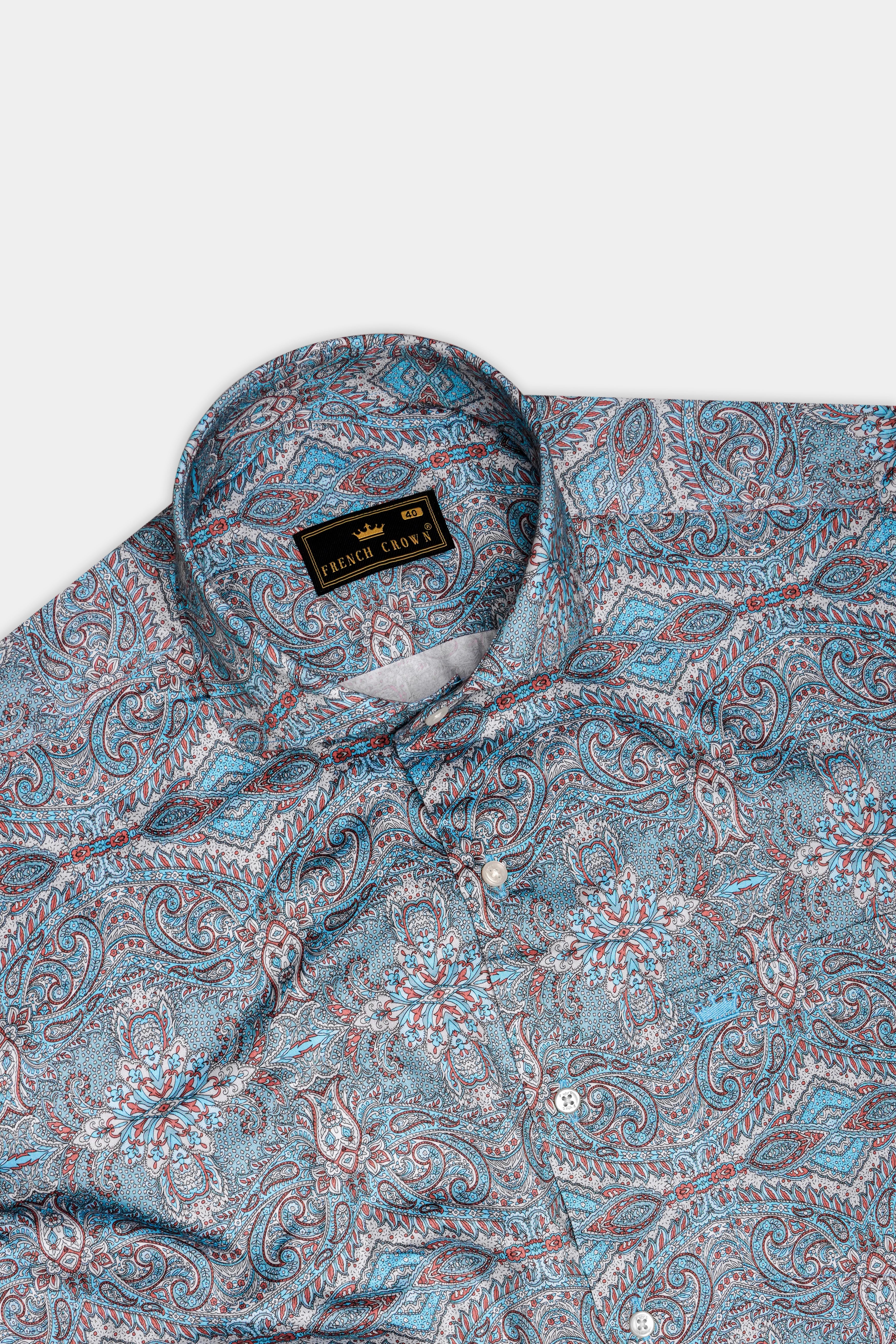 Vinterra-Fountain Blue And Bright White Vineyard Printed Twill Premium Cotton Casual Shirt