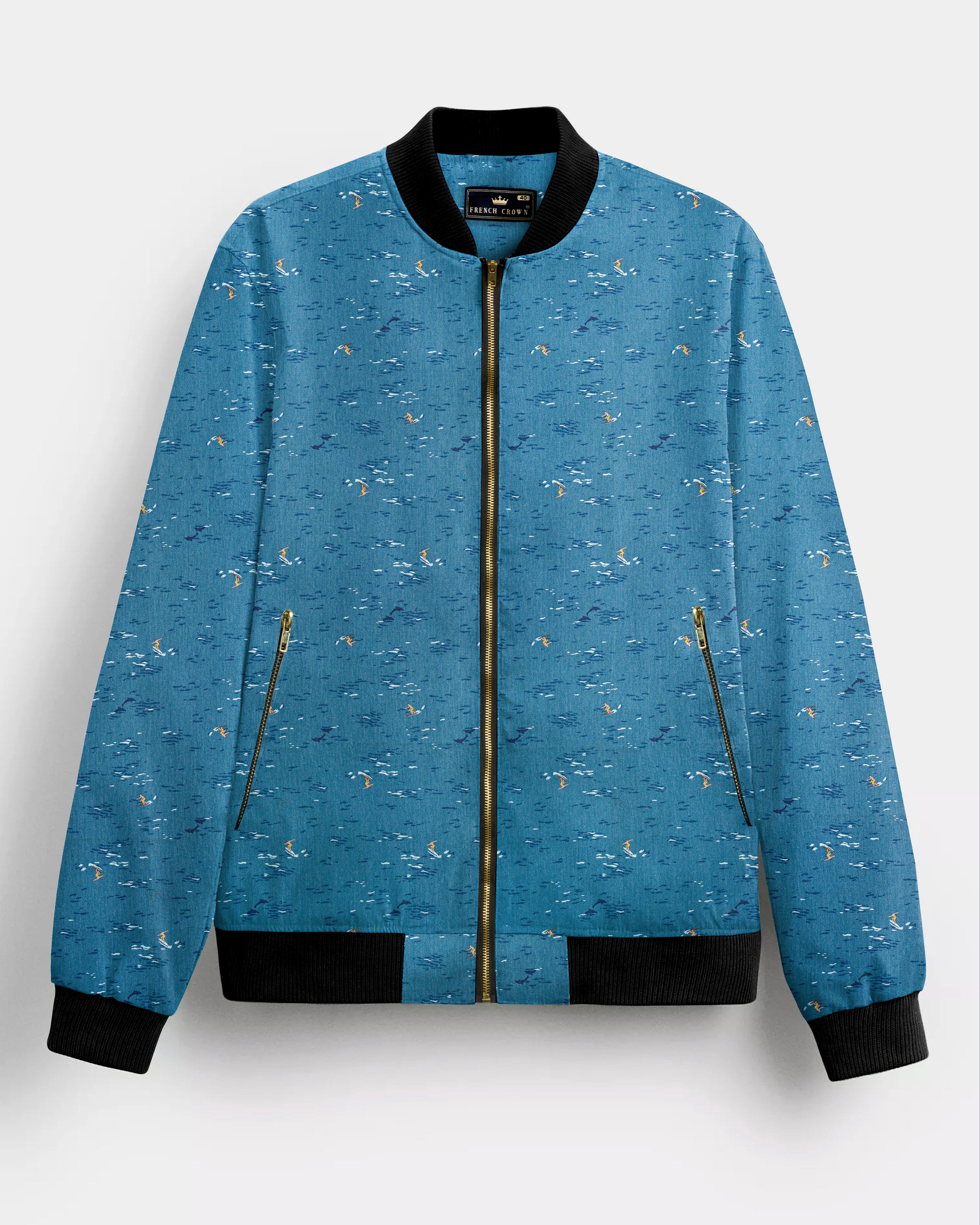 Mariner's Muse-Calypso Blue Beach Printed Premium Cotton Bomber Jacket