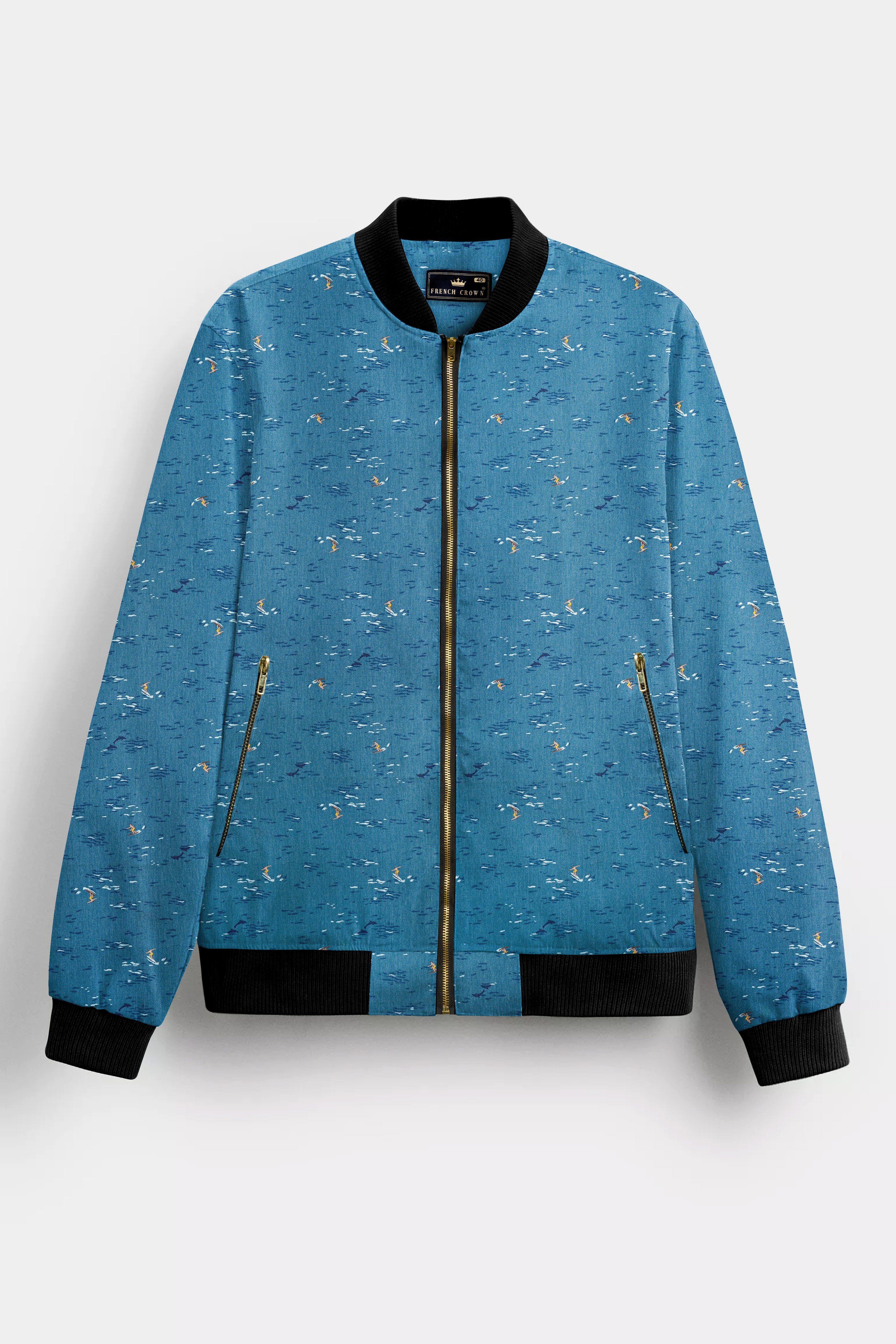 Mariner's Muse-Calypso Blue Beach Printed Premium Cotton Bomber Jacket
