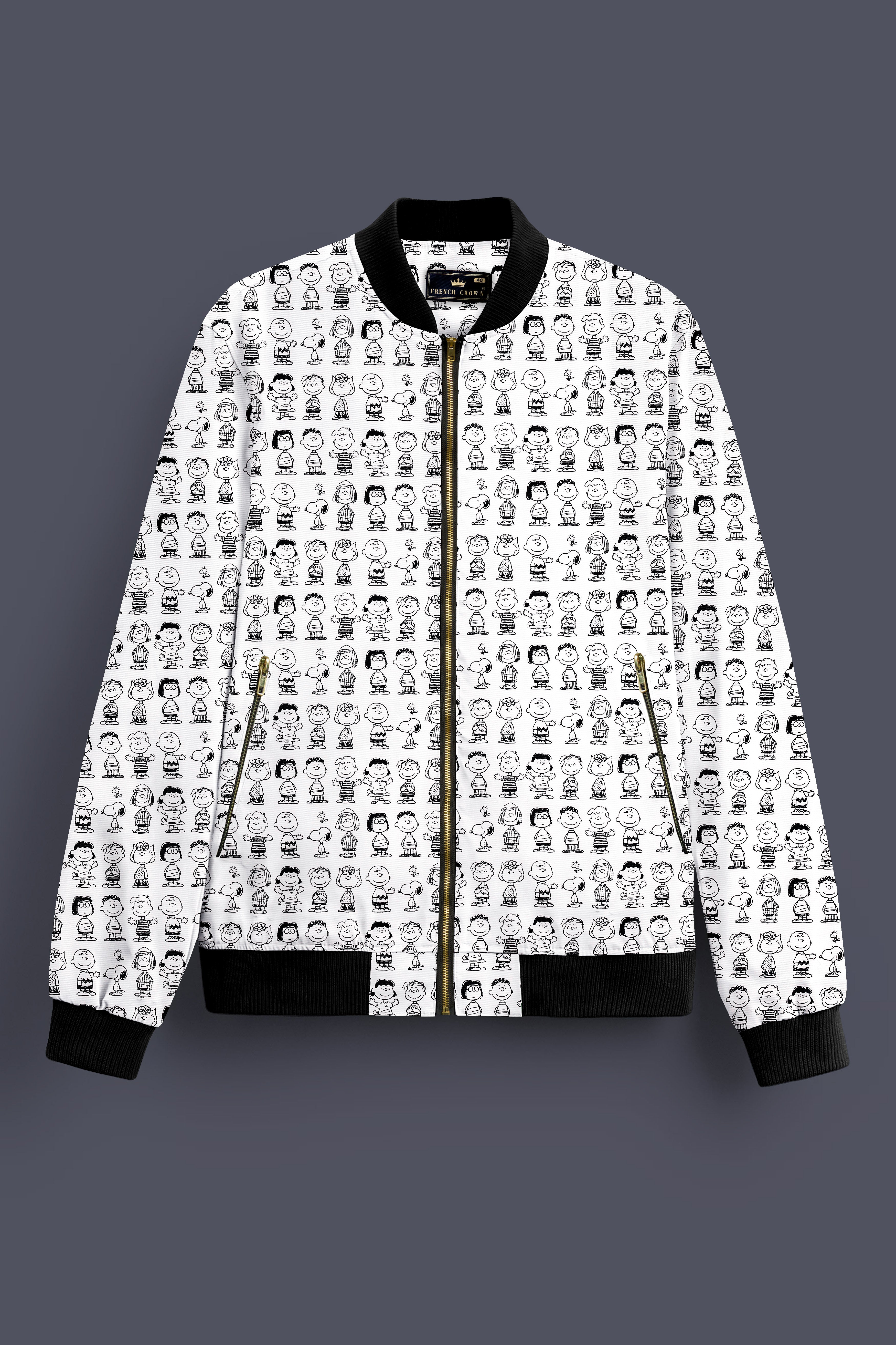 Doodle Luxe-Bright White Cartoon Clipart Printed Premium Cotton Bomber Jacket