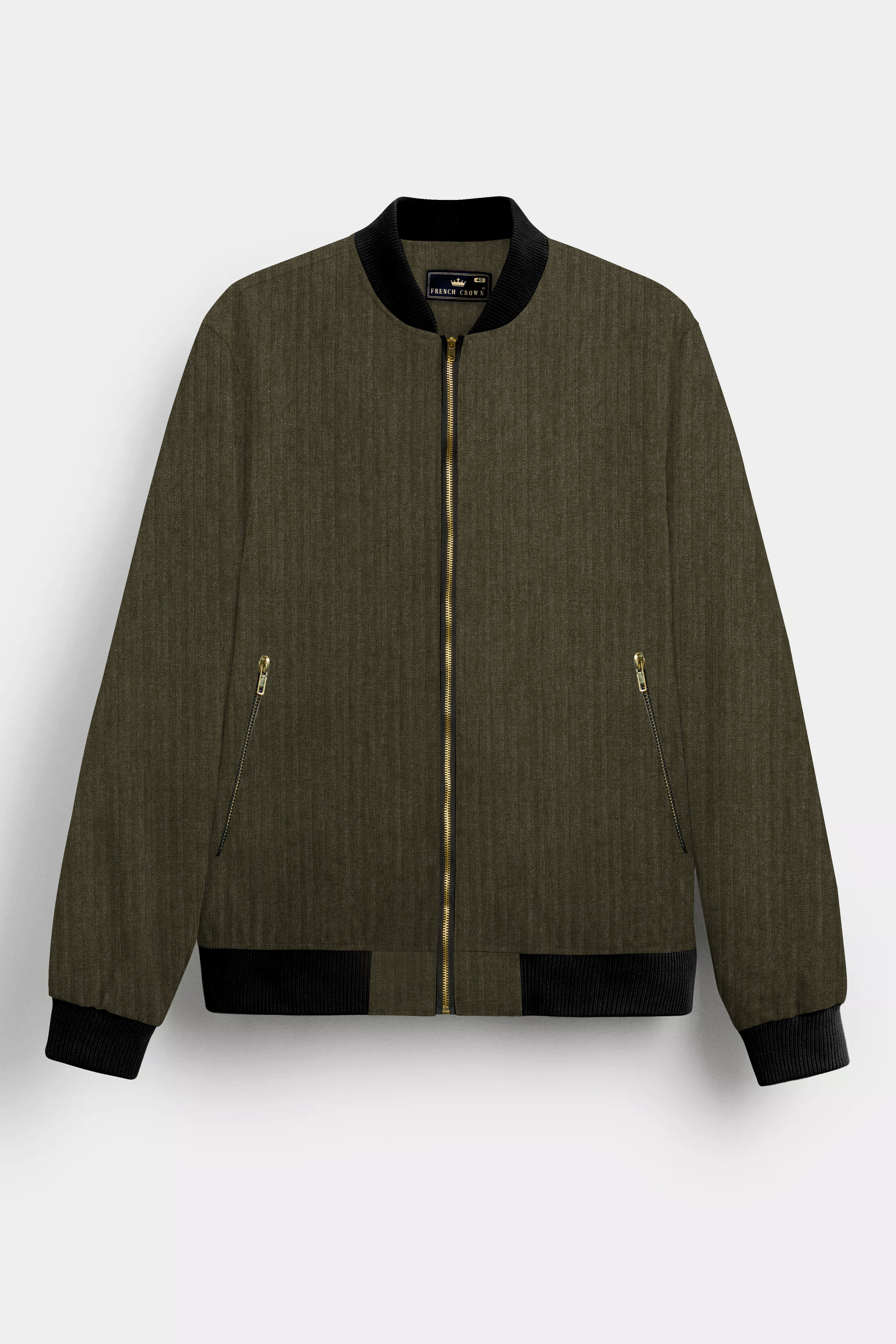 Birch Green Herringbone Textured Premium Cotton Bomber Jacket