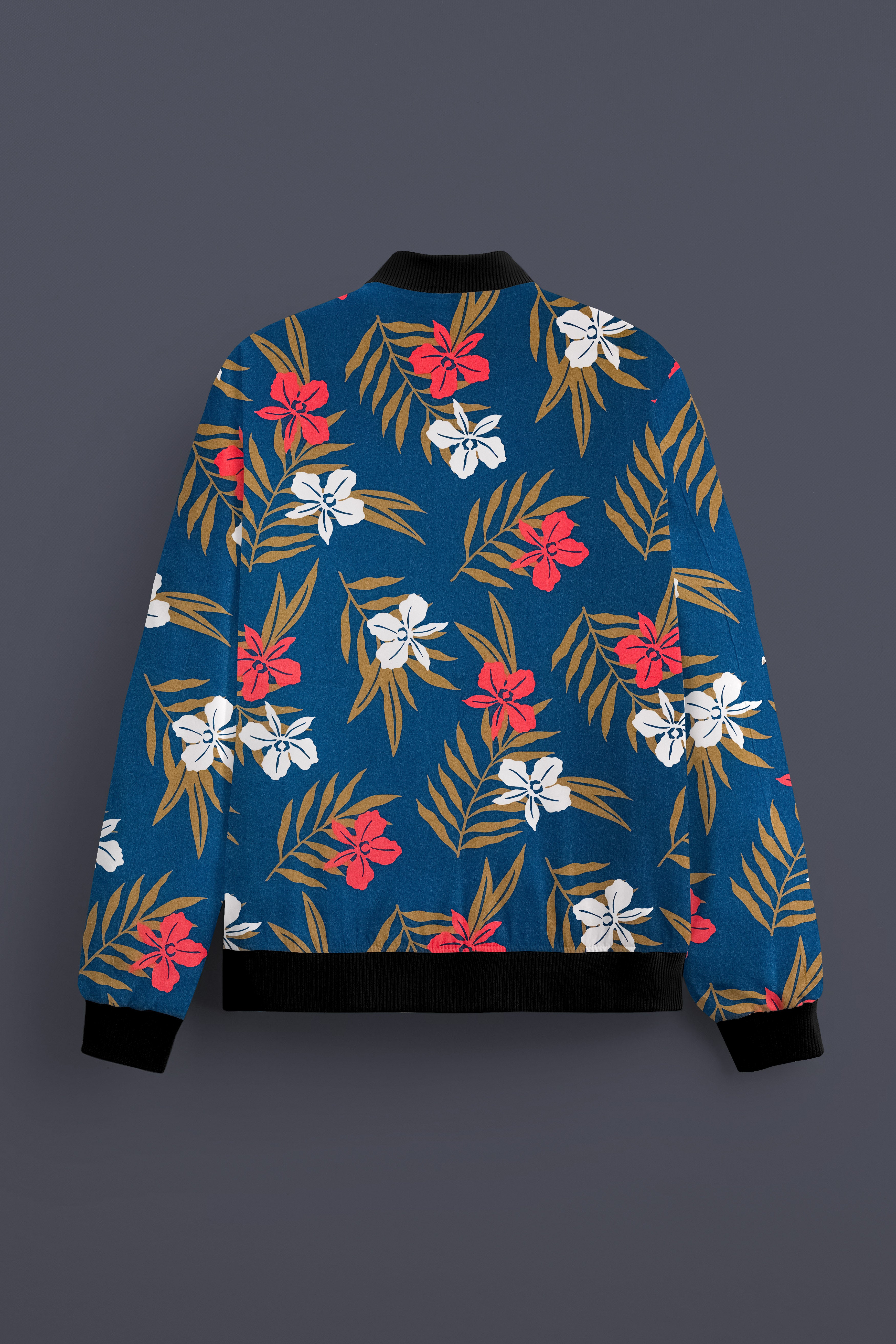 Venice Blue Floral Prints Premium Cotton Bomber Jacket