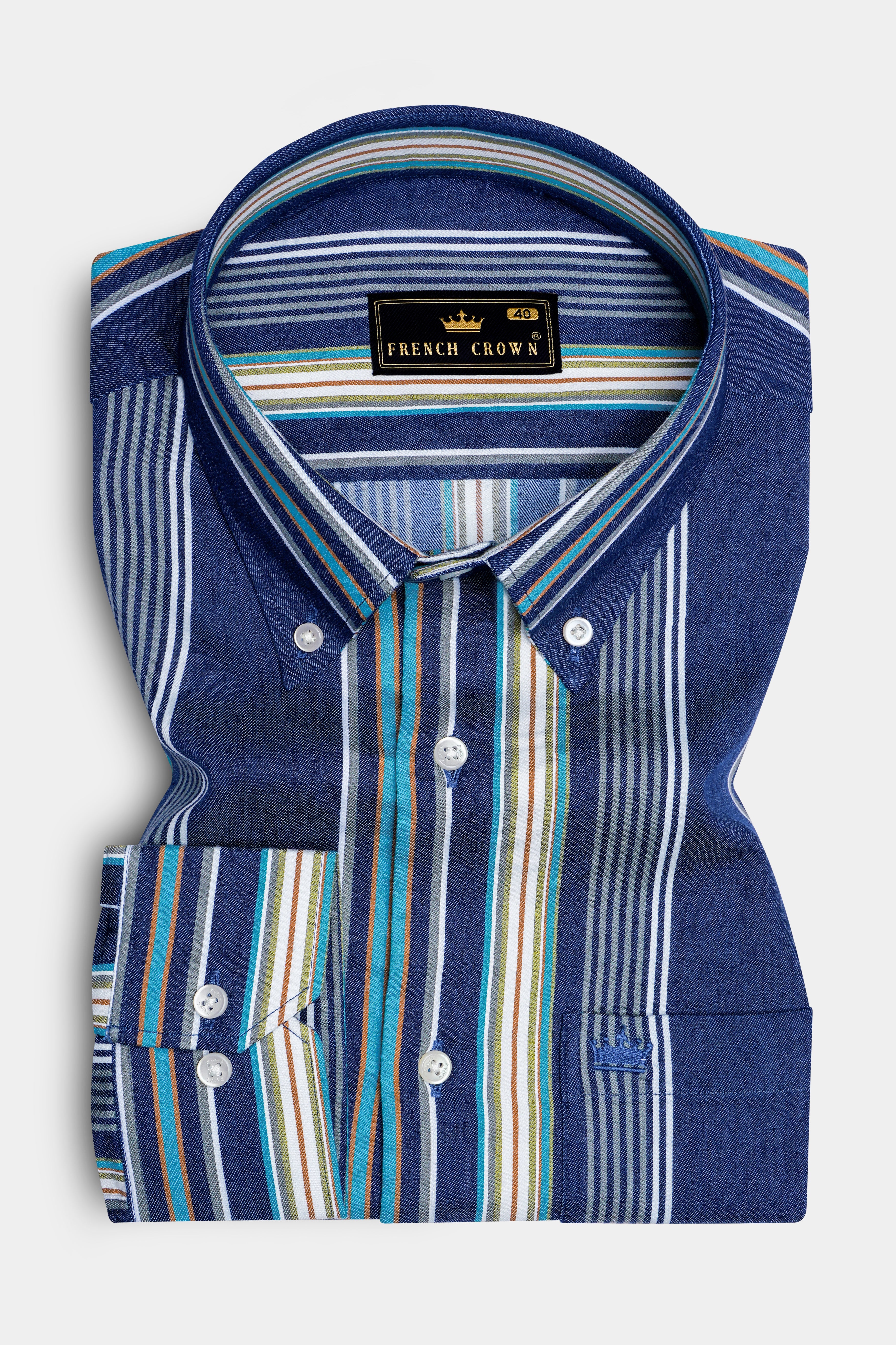 Denique-Bunting Blue Multicoloured Striped Indigo Denim Casual Shirt