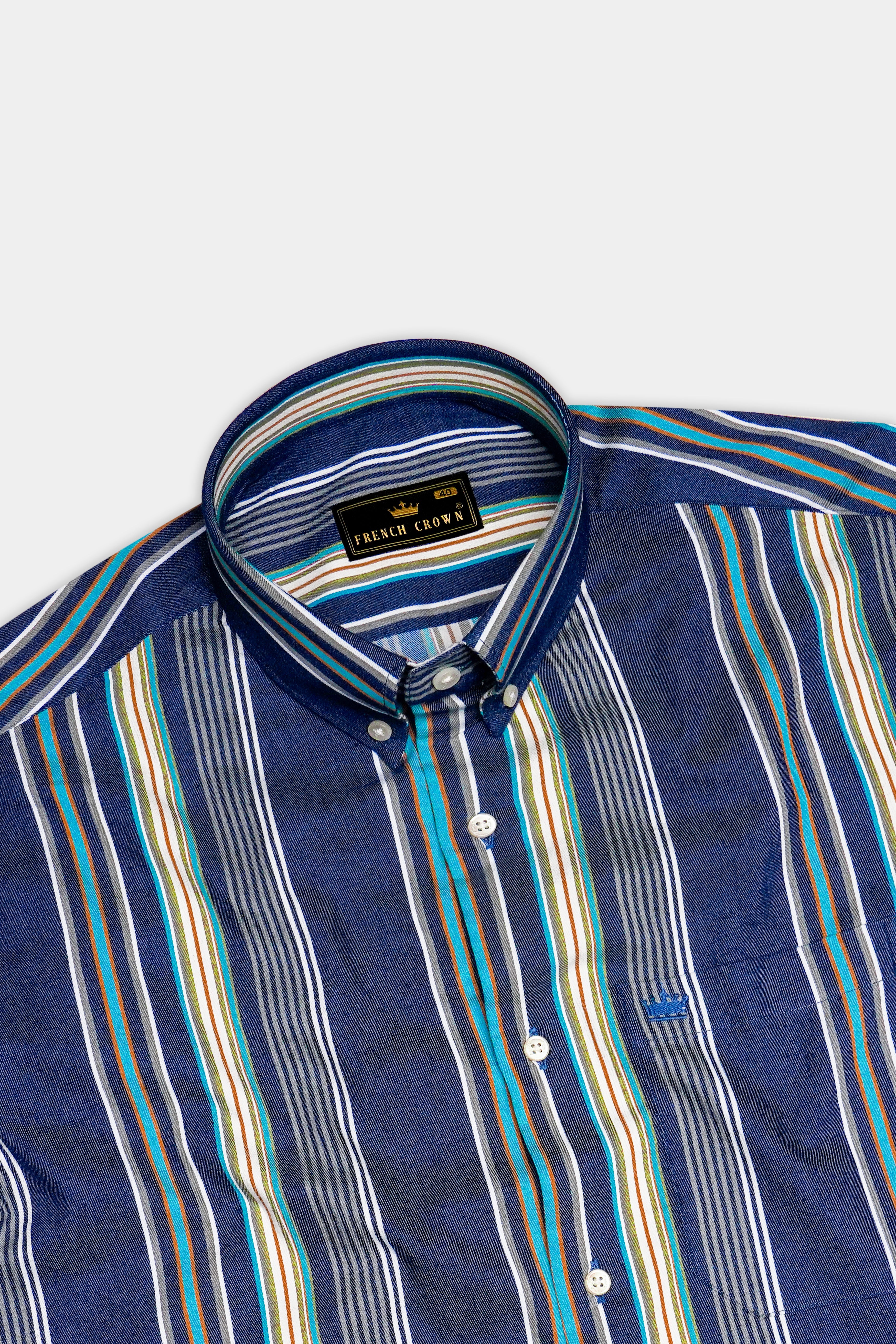 Denique-Bunting Blue Multicoloured Striped Indigo Denim Casual Shirt